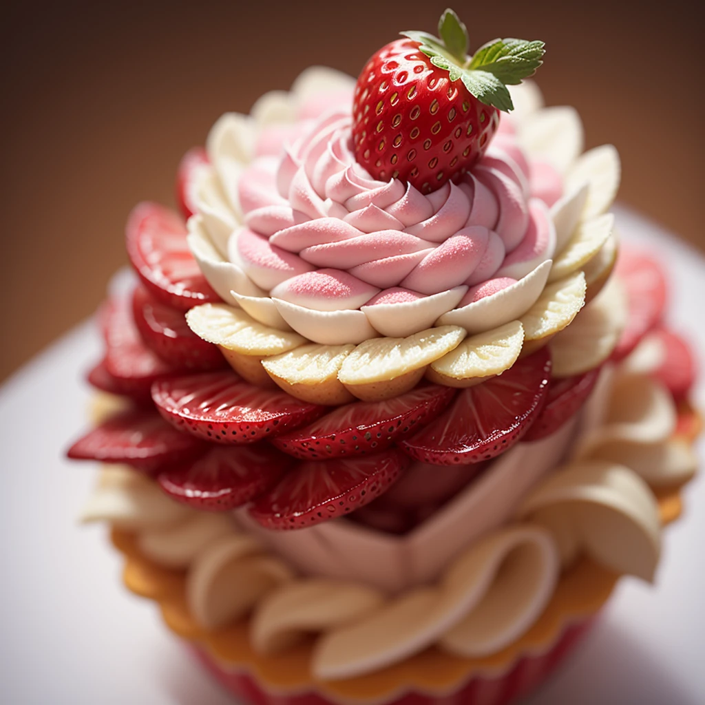 Delicious cupcake - pink strawberry cupcake, sliced strawberries, profusion of blossoms, sugar flowers, sugar crystals, creamy, sweet, indulgent, fruit, tasty, whipped cream, icing, decadent, (masterpiece:1.1), (highest quality:1.1), (HDR:1.0), (ultra-detailed), cupcake, decorated, dripping pink drizzle, food photography, detailed, realistic, 8k uhd, high quality, RAW photo, professional color grading, soft shadows, no contrast, clean sharp focus,