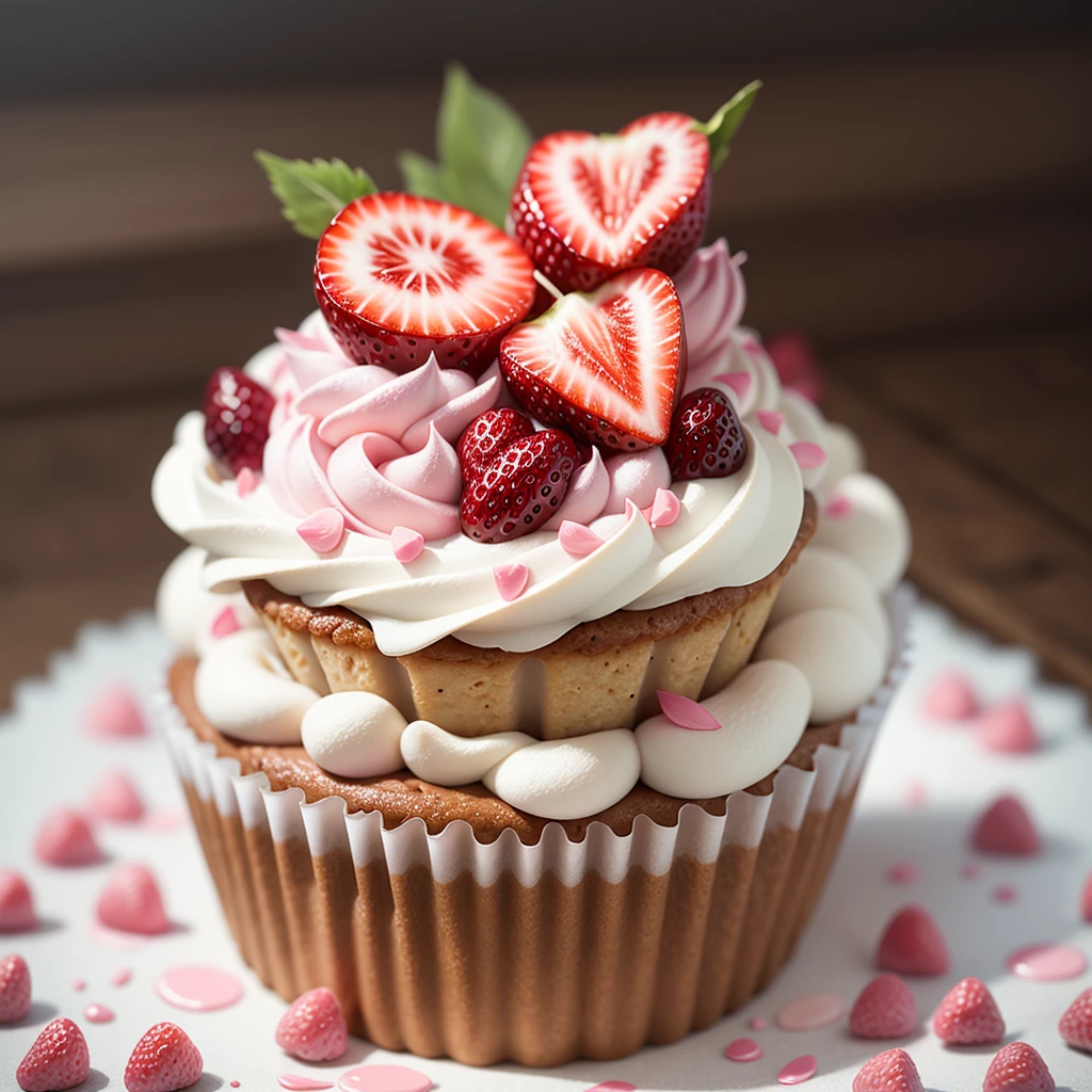 Delicious cupcake - pink strawberry cupcake, sliced strawberries, profusion of blossoms, sugar flowers, sugar crystals, creamy, sweet, indulgent, fruit, tasty, whipped cream, icing, decadent, (masterpiece:1.1), (highest quality:1.1), (HDR:1.0), (ultra-detailed), cupcake, decorated, dripping pink drizzle, food photography, detailed, realistic, 8k uhd, high quality, RAW photo, professional color grading, soft shadows, no contrast, clean sharp focus,