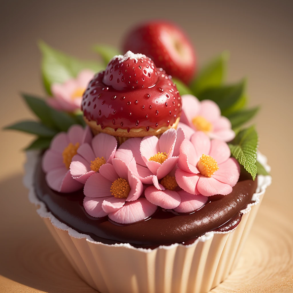 Delicious cupcake - pink strawberry cupcake, sliced strawberries, profusion of blossoms, sugar flowers, sugar crystals, creamy, sweet, indulgent, fruit, tasty, whipped cream, icing, decadent, (masterpiece:1.1), (highest quality:1.1), (HDR:1.0), (ultra-detailed), cupcake, decorated, dripping pink drizzle, food photography, detailed, realistic, 8k uhd, high quality, RAW photo, professional color grading, soft shadows, no contrast, clean sharp focus,