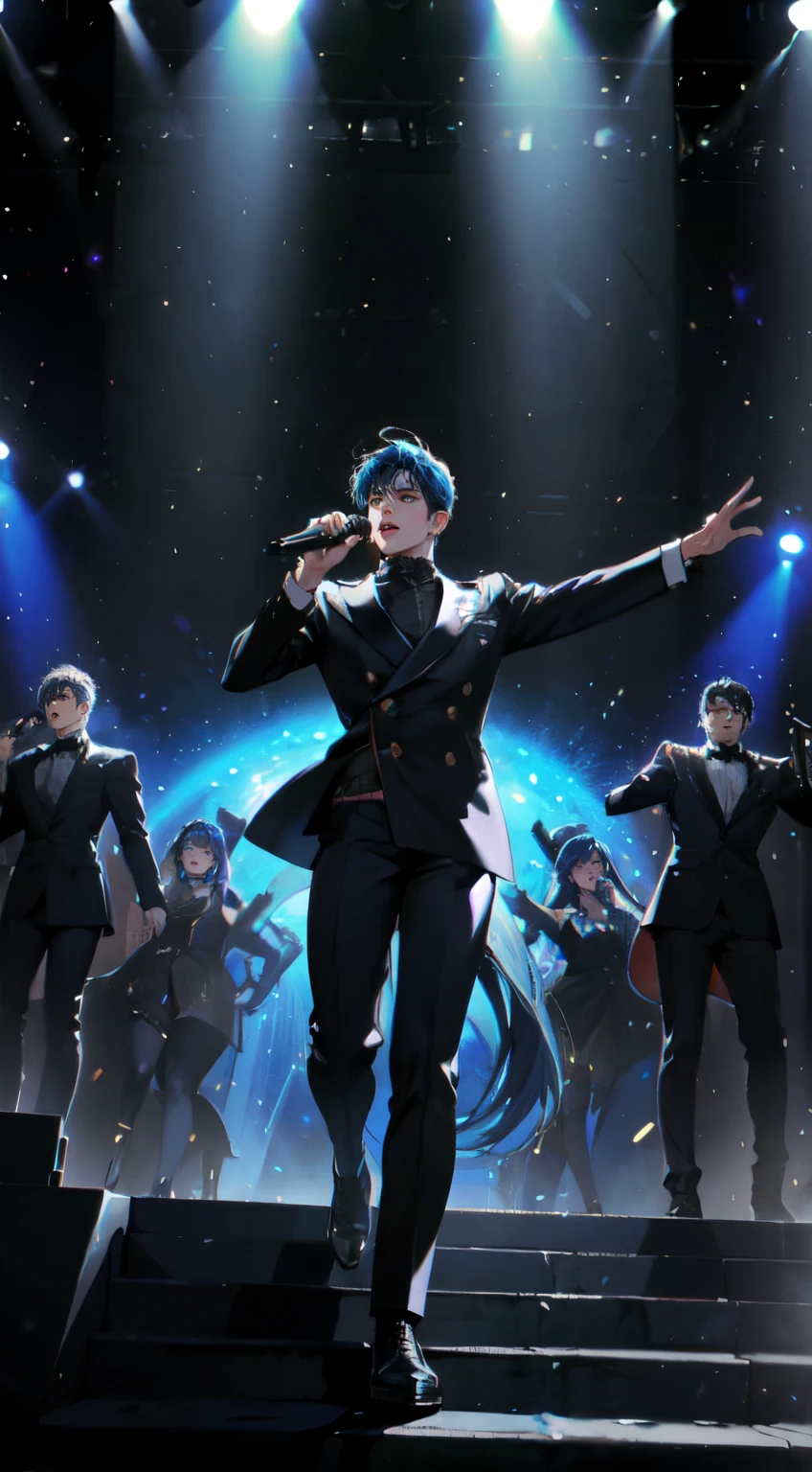 Wide shot angle, a male famous singer, performing in a stage, captivating the audience with powerful voice. Subject detail includes the singer's glamorous attire, dark blue hair, and energetic stage presence. Redshift Render adds depth and realism to the performance. The background features a massive stage setup with live band members, backup dancers, and an elaborate set design. Dramatic lighting creates a mesmerizing atmosphere.