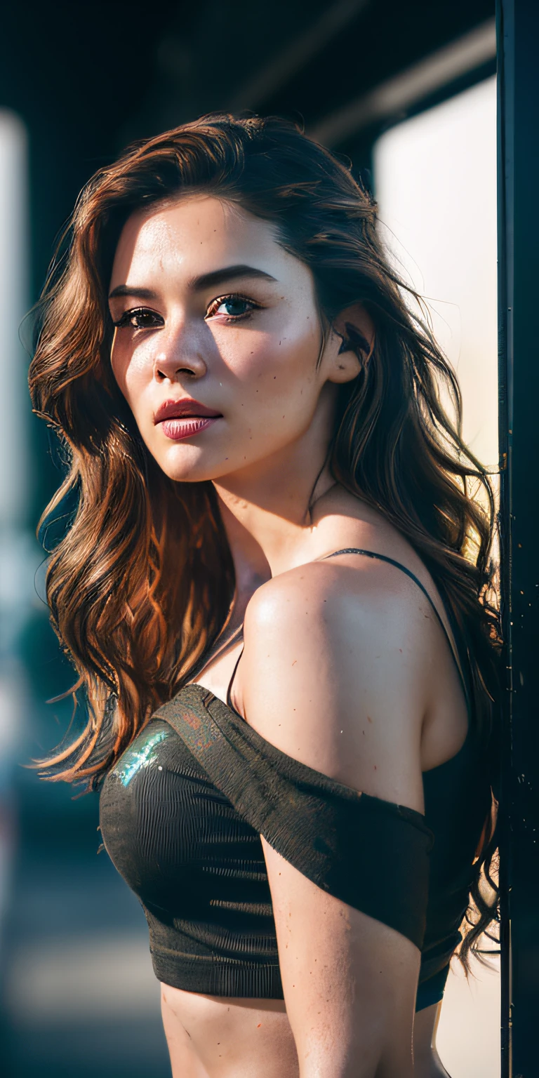 Full face portrait photo of 25 year old European girl, RAW, beautiful woman, semi-open strawberry lip, dimples, wistful expression, (brown hair with extra long wavy), ((detailed face)), ((detailed facial featureine detailed skin), pale skin, cyberpunk megacity environment, (cool color), moist, damp, reflection, (masterpieceShot with Canon EOS R5 (detail) (Realistic photos) (Detailed details) 50mm lens, f/2.8, HDR, (8k) (wallpaper) (cinematic lighting) (dramatic lighting) (sharp focus) (complex), RAW photography, RAW photography, gigachad photography, camera pose, black jeans, back arm, 8k uhd, dslr, high quality, Grain Film, Fujifilm XT3, Film Stock Photo 4 Kodak Portra 400 Camera F1.6 Lens Rich colors Ultra-realistic textures Dramatic lighting Unreal Engine Art Station Trends Cinestill 800 Tungsten, Toughboy Style, Ultra Focus Face, Intimidating, Fighting Position, Short Messy Hair, Muscles, Bursting Veins, Beads, (( off-shoulder crop top)),