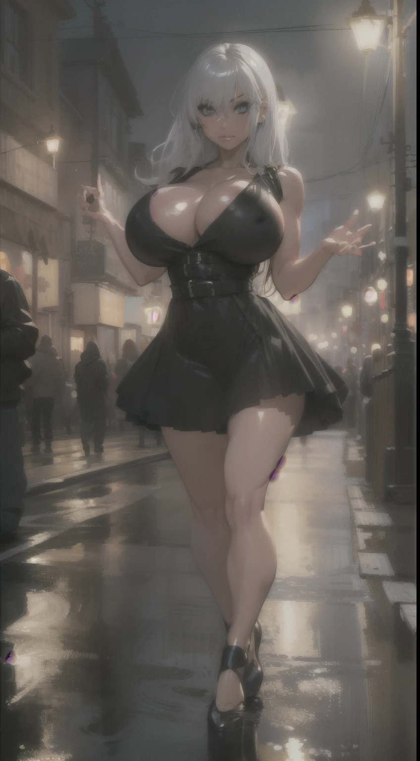 ((2D render:1.3))((Cowboy shot:1.4)) 1 Same Girl , Perfect Beautiful , robot Face ,(chrome skin:1.1), (silver arms, silver face, silver legs) ((android woman)),( metallic android , long Hair , Black Gothic Dress , Athletic Body , ((gigantic breasts:1.2)) ((metallic legs:1.2)), Extreme Detailed Portrait With Bokeh Effect , Realistic Lighting , Night Street View , Dark Vibe , Crowd , Gothic Makeup , Posing Like a Model , Look at Viewer, cool lighting, blue street lamp light((moonlight ambiance light:1.0))