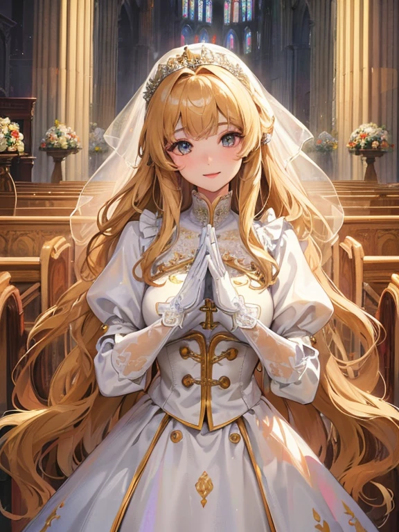 In front of the altar of a majestic church、brightened light、golden long hair girl、Classic White Wedding Dresses、lots of races、lots of ribbons、voluminous puff sleeves、long cuffs with many buttons、golden embroidery、Long Train、white embroidered gloves、5 fingers、A smile、Redness of the cheeks