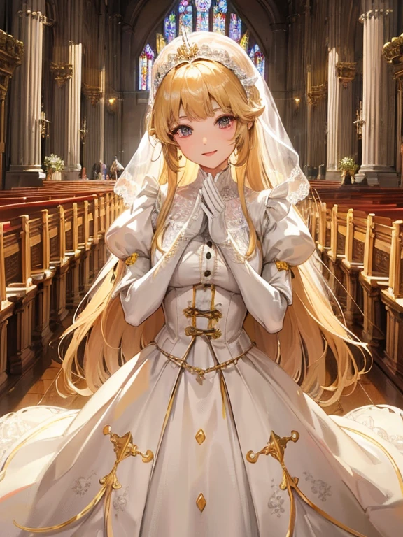 In front of the altar of a majestic church、brightened light、golden long hair girl、Classic White Wedding Dresses、lots of races、lots of ribbons、voluminous puff sleeves、long cuffs with many buttons、golden embroidery、Long Train、white embroidered gloves、5 fingers、A smile、Redness of the cheeks