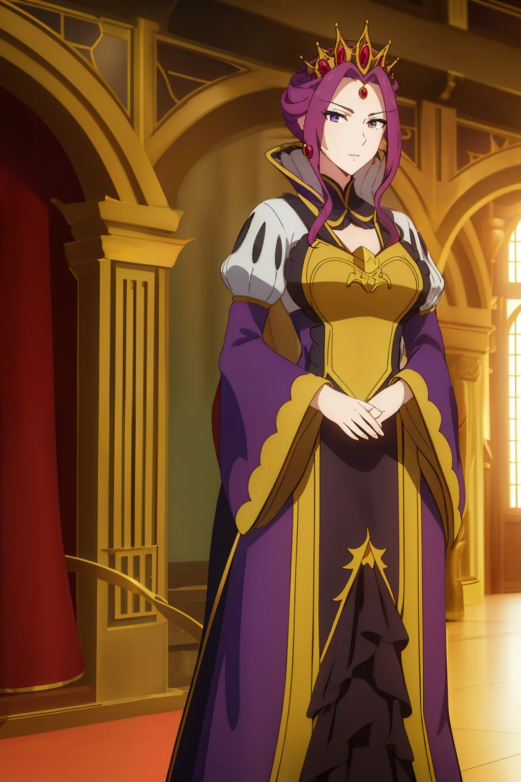 (Sunset:1.2),in a castle, Great hall ,Red carpet on the floor,
standing at attention,
queen dress,Long sleeves,Gemstones and Golden Crown,鎖骨, Deep cleavage, 
Purple_hair, Purple_Eyes, Jewelry, earrings,
1 girl, 20yr old,infp young woman,Beautiful Finger,Beautiful long legs,Beautiful body,
Beautiful nose,Beautiful character design, Perfect eyes, Perfect face,Expressive eyes,
Looking at Viewer, In the center of the image,(上半身_Body),(Focus on her face),
Official art,the Extremely Detailed CG Unity 8K Wallpapers, Perfect Lighting,Colorful, Bright_front_Face_Lighting,Shiny skin,
(masutepiece:1.0),(best_quality:1.0), 超A high resolution,4K,Ultra-detailed,
Photography, 8K, nffsw, hight resolution, absurderes:1.2, Kodak Portra 400, Film grain, Blurry background, Bokeh:1.2, Lens Flare, (Vibrant_Color:1.2)
(Beautiful,breasts), (Beautiful_Face:1.5),(narrow_waist),