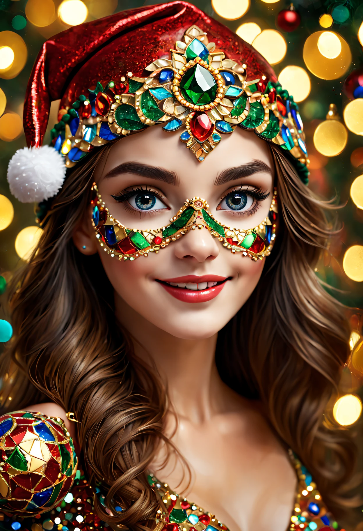 Mosaic Christmas mask,one-girl,sparkling and delicate eyes,beautiful detailed lips,extremely detailed eye, santa hat,A festive smile, Golden mosaic pattern on mask, Exquisite craftsmanship, Complex design, vibrant paint palette, hight contrast, Focus sharp, Gloss finish, Impressive artistry, Festive atmosphere, Intricate mosaic tiles, ornate decoration, magical lighting. (Best quality at best,4K,8K,A high resolution,tmasterpiece:1.2),ultra - detailed,(actual,realisticlying,Photorealistic:1.37),sportrait,mosaic art,Christmas celebrations,Festive colors,Shine with charm,Holiday spirit,flashing lights,Colorful ornaments.