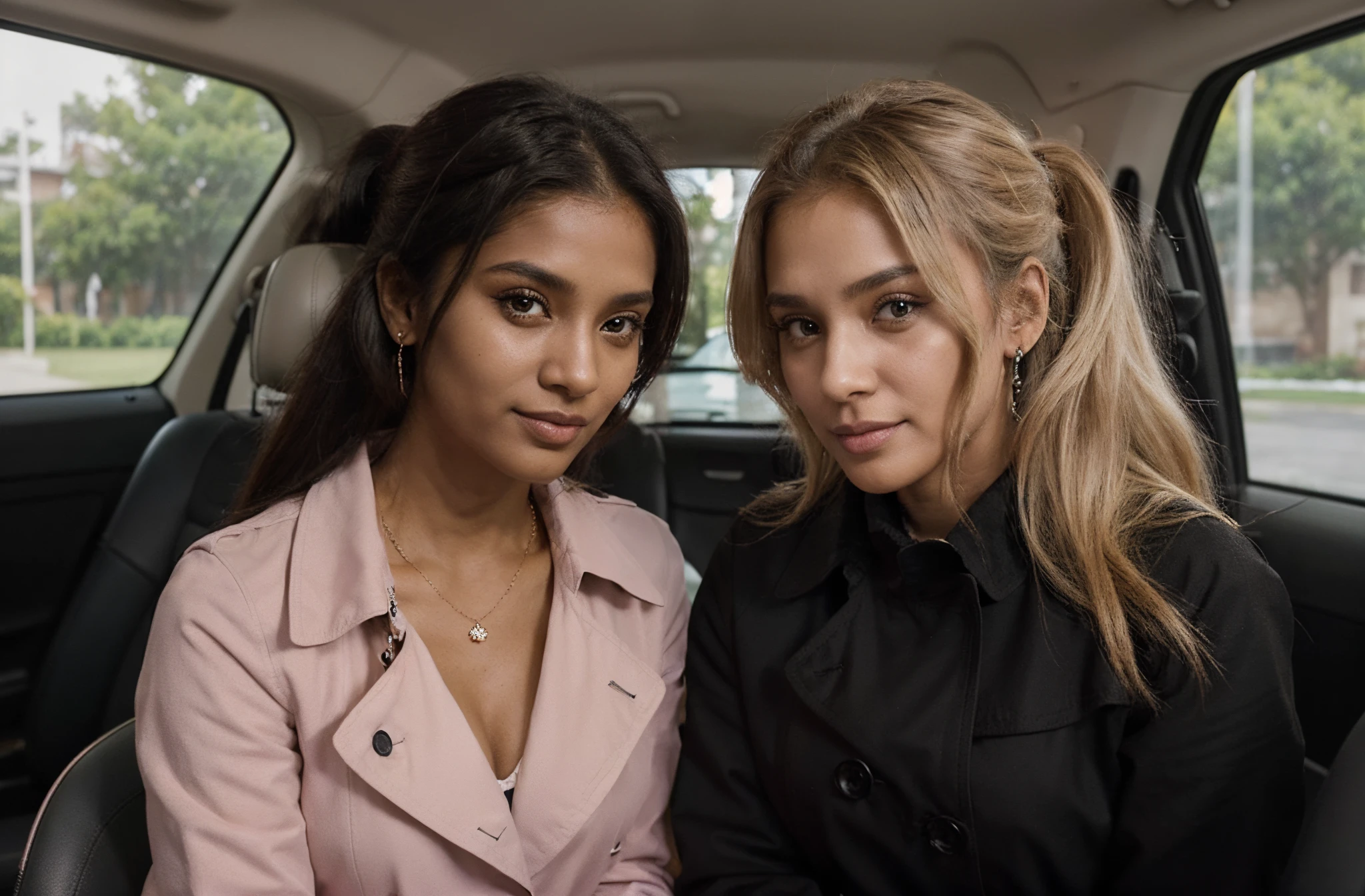(Full size view:1.4), 22-year-old dark Sri Lankan woman named Kasuni and, her pure white Canadian mother blonde named Celestia, (Sitting in the rear seat, luxury car), smiling at camera, (detailed background) (( Celestia is a white Canadian blonde 48-year-old woman, aged look)), ((Kasuni is 22-year-old, solid black long ponytail hair, dark fair skin)), ultra-realistic photo, feminine features, (both have same facial components), ((Pink color winter trench Coats, jewelry))