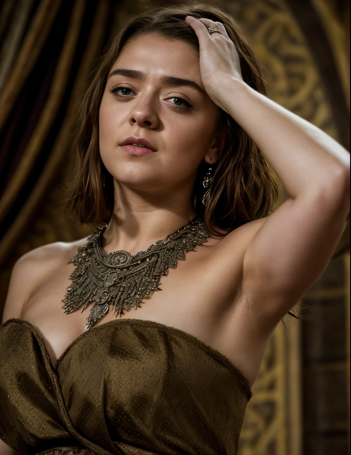 Foto RAW, Arya Stark, Extremely gorgeous lady, Arya Stark PLAYED BY MAISIE WILLIAMS, Queen Arya Stark, she  a mature woman now, milf,  mediaeval battle dress, gladiator woman, body, 40 years old Woman, body revealing costumes, perky , big natural ,  costumes, lusty physique, seductive figure can capture every people's attention, Game of thrones costumes, revealing captivating figure, Mediaeval costumes, revealing clothes, A tomboy, she would rather fence than dance, warrior queen , game of thrones screen caps, Game of Thrones Series, (pele altamente detalhada: 1.2), 8k UHD, DSLR, soft-lighting, alta qualidade, grain of film, Fujifilm XT3, flawless picture, highly detailed, detailed Beauty, intricate, 32k, sharp picture,