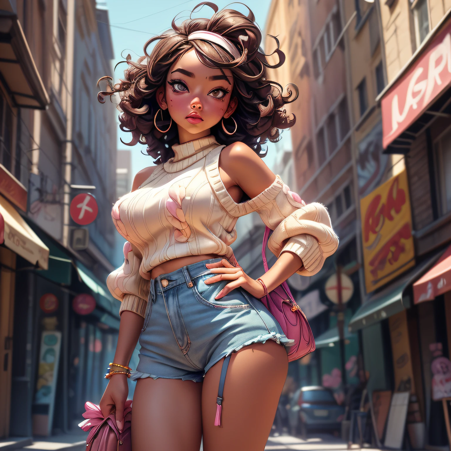 african, goddess, jiggly fat, round belly, voluptuous body, heterochromia eyes, hyper-realistic eyes, curly hair, dark skin, best quality, extremely detailed, (watercolor), bloom, delicate and beautiful, illustration, (from below),(1girl:1.4), (solo:1.2), large breasts, (ribbed sweater:1.3), rainbow off-shoulder sweater, frills, ribbons, floral embroidery, neon rainbow stockings, cute neon rainbow panties with embroidery, choker, wearing a neon rainbow garter belt, ripped costume, (short shorts:1.2), bare shoulders, (underboob:1.2), ((dark skin:0.8)), beautiful eyes, (disheveled hair ), over-the-shoulder shot, by Alex Maleev, canon camera, nikon camera, sharp, bokeh, studio quality, fisheye lens, by Robert Capa
