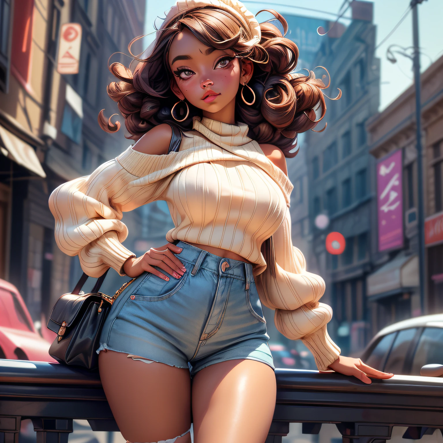 african, goddess, jiggly fat, round belly, voluptuous body, heterochromia eyes, hyper-realistic eyes, curly hair, dark skin, best quality, extremely detailed, (watercolor), bloom, delicate and beautiful, illustration, (from below),(1girl:1.4), (solo:1.2), large breasts, (ribbed sweater:1.3), rainbow off-shoulder sweater, frills, ribbons, floral embroidery, neon rainbow stockings, cute neon rainbow panties with embroidery, choker, wearing a neon rainbow garter belt, ripped costume, (short shorts:1.2), bare shoulders, (underboob:1.2), ((dark skin:0.8)), beautiful eyes, (disheveled hair ), over-the-shoulder shot, by Alex Maleev, canon camera, nikon camera, sharp, bokeh, studio quality, fisheye lens, by Robert Capa