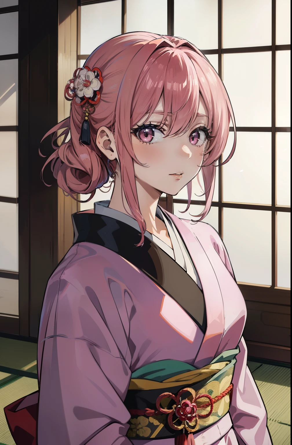 (masterpiece, flawless quality:1.2, anime style), kimono, mature, pink hair, sad, formal, tied up hair, hair accessories, japanese, large bust, indoors, looking at viewer, japanese architecture