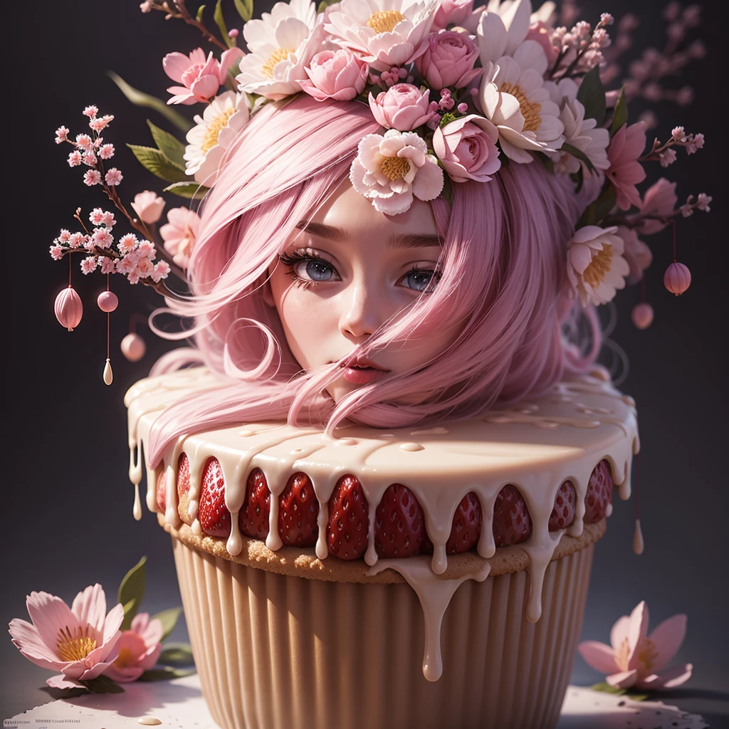 Delicious cupcake - pink strawberry cupcake, piled strawberries, profusion of blossoms, sugar flowers, blooms, sugar crystals, creamy, sweet, indulgent, tasty, whipped cream, pink icing, decadent, (masterpiece:1.1), (highest quality:1.1), (HDR:1.0), (ultra-detailed), cupcake, decorated, dripping pink drizzle, photograph, detailed, realistic, 8k uhd, high quality, RAW photo, professional color grading, soft shadows, no contrast, clean sharp focus, clear