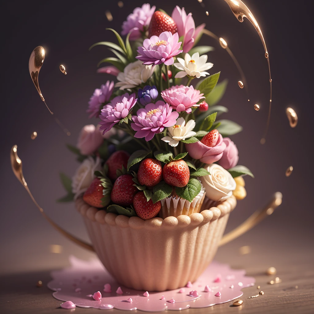 Delicious cupcake - pink strawberry cupcake, piled strawberries, profusion of blossoms, sugar flowers, blooms, sugar crystals, creamy, sweet, indulgent, tasty, whipped cream, pink icing, decadent, (masterpiece:1.1), (highest quality:1.1), (HDR:1.0), (ultra-detailed), cupcake, decorated, dripping pink drizzle, photograph, detailed, realistic, 8k uhd, high quality, RAW photo, professional color grading, soft shadows, no contrast, clean sharp focus, clear