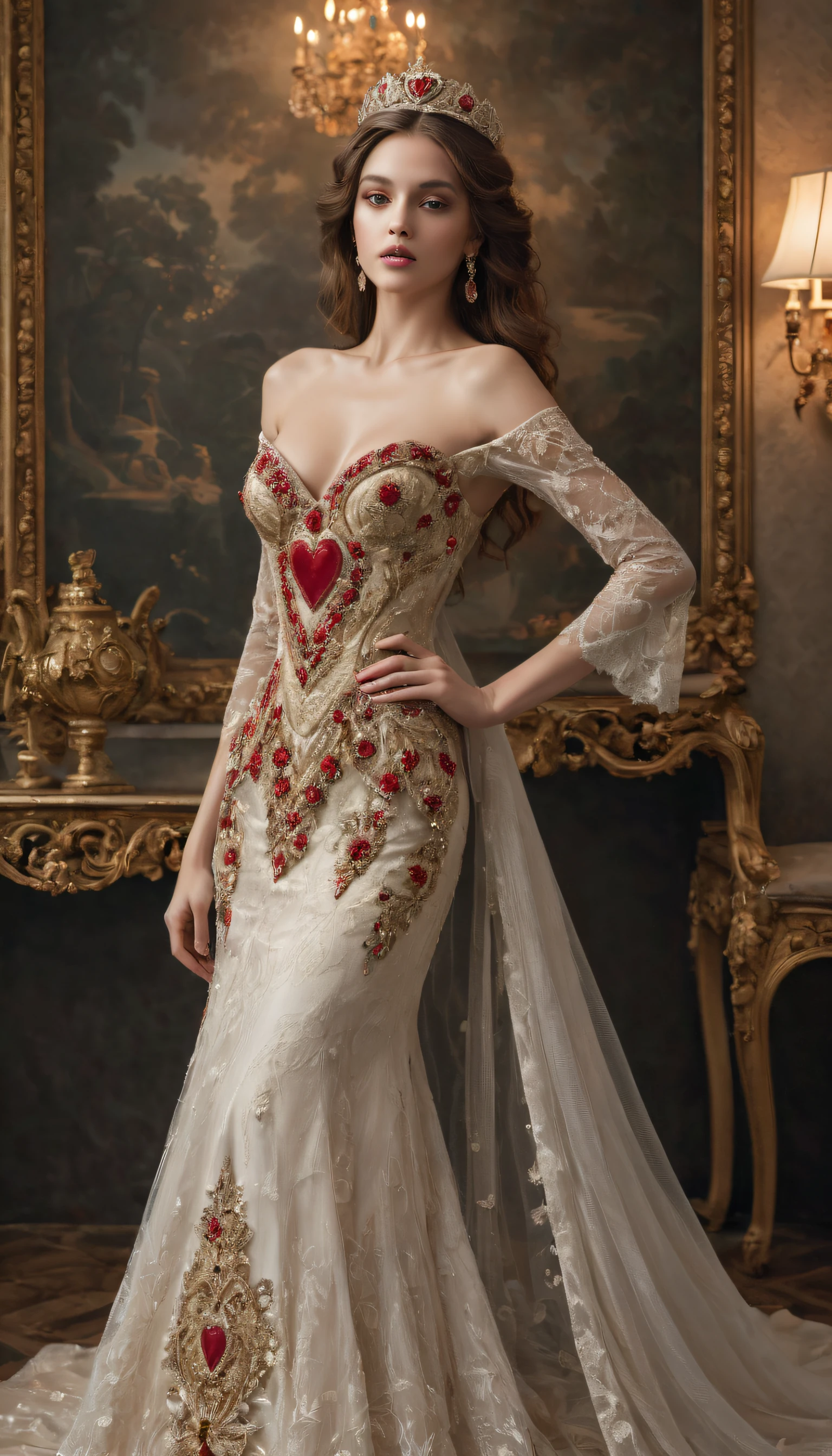 ```"Craft a hyper-realistic and sensual portrayal of the 'Queen of Hearts,' where elegance meets seduction in every detail. Envision a breathtaking woman adorned in a sumptuous gown with intricate heart motifs, lace, and a crown that radiates regal sensuality. Achieve unparalleled realism with (sensual allure:1.5), (heartfelt details:1.2), and [meticulously realistic depiction of the queenly attire that seamlessly blends seduction and regality]. Emphasize her alluring pose and opulent surroundings, [immersing viewers in a scene of heightened passion and royal allure]. Negative prompts: [overly simplistic details], [disconnected ambiance]."```