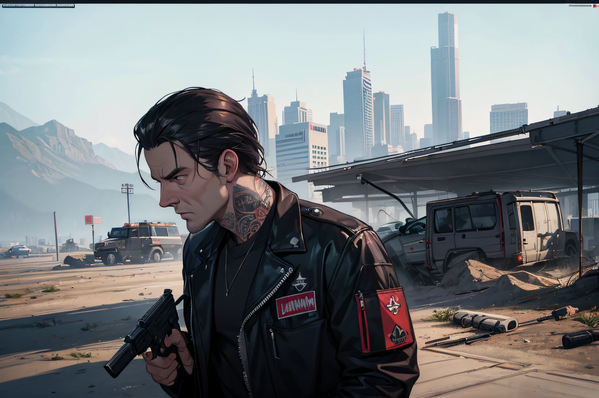 A character with gta 5 style, gta 5, age 32, mafia, holds AK47, M16, Shaw off shotgun, pistol, single man, man in suit, evening scene, professional ominous concept art, by artgerm and greg rutkowski, an intricate, elegant, highly detailed digital painting, concept art, smooth, sharp focus, illustration, in the style of simon stalenhag, wayne barlowe, and igor kieryluk.