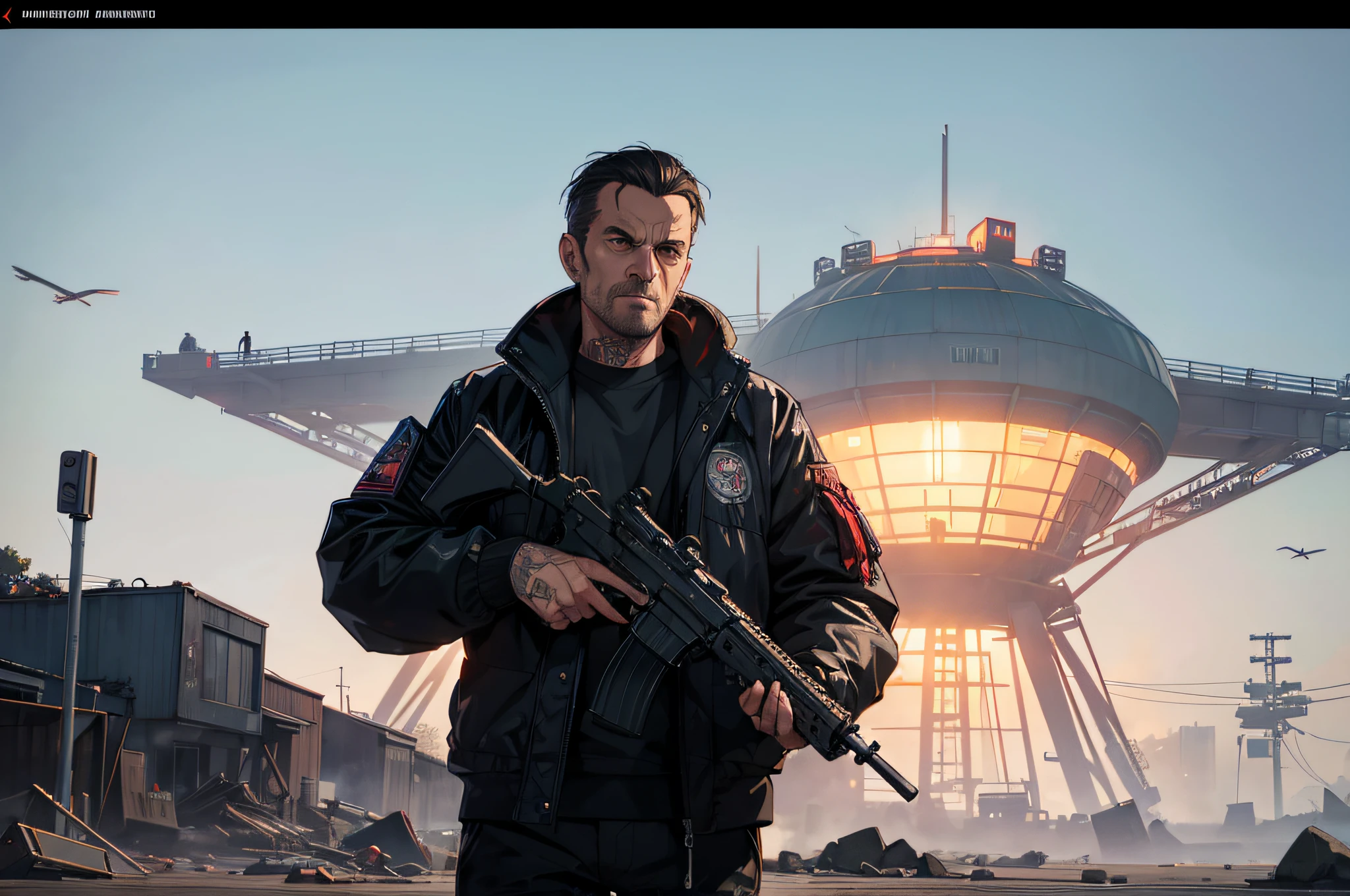 A character with gta 5 style, gta 5, age 32, mafia, holds AK47, M16, Shaw off shotgun, pistol, single man, man in suit, evening scene, professional ominous concept art, by artgerm and greg rutkowski, an intricate, elegant, highly detailed digital painting, concept art, smooth, sharp focus, illustration, in the style of simon stalenhag, wayne barlowe, and igor kieryluk.