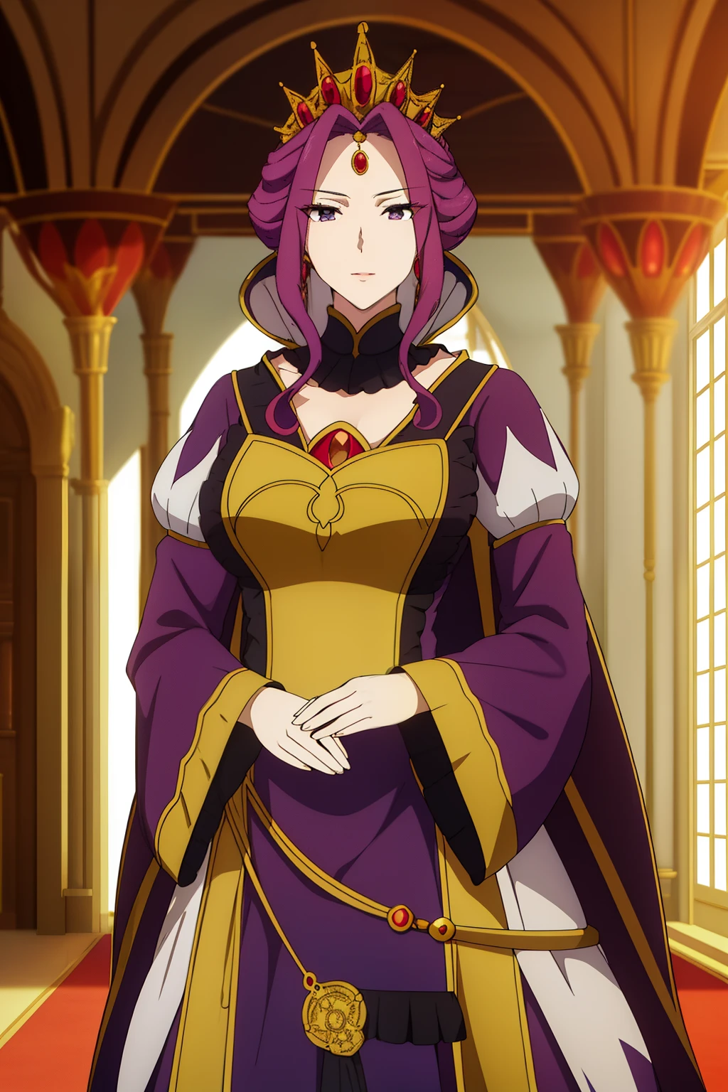 (Sunset:1.2),in a castle, Great hall ,Red carpet on the floor,
standing at attention,
queen dress,Long sleeves,Gemstones and Golden Crown,鎖骨, Deep cleavage, 
Purple_hair, Purple_Eyes, Jewelry, earrings,
1 girl, 20yr old,infp young woman,Beautiful Finger,Beautiful long legs,Beautiful body,
Beautiful nose,Beautiful character design, Perfect eyes, Perfect face,Expressive eyes,
Looking at Viewer, In the center of the image,(上半身_Body),(Focus on her face),
Official art,the Extremely Detailed CG Unity 8K Wallpapers, Perfect Lighting,Colorful, Bright_front_Face_Lighting,Shiny skin,
(masutepiece:1.0),(best_quality:1.0), 超A high resolution,4K,Ultra-detailed,
Photography, 8K, nffsw, hight resolution, absurderes:1.2, Kodak Portra 400, Film grain, Blurry background, Bokeh:1.2, Lens Flare, (Vibrant_Color:1.2)
(Beautiful,breasts), (Beautiful_Face:1.5),(narrow_waist),