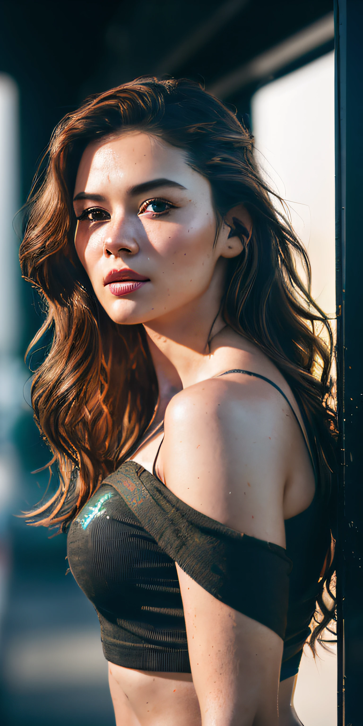 Full face portrait photo of 25 year old European girl, RAW, beautiful woman, semi-open strawberry lip, dimples, wistful expression, (brown hair with extra long wavy), ((detailed face)), ((detailed facial featureine detailed skin), pale skin, cyberpunk megacity environment, (cool color), moist, damp, reflection, (masterpieceShot with Canon EOS R5 (detail) (Realistic photos) (Detailed details) 50mm lens, f/2.8, HDR, (8k) (wallpaper) (cinematic lighting) (dramatic lighting) (sharp focus) (complex), RAW photography, RAW photography, gigachad photography, camera pose, black jeans, back arm, 8k uhd, dslr, high quality, Grain Film, Fujifilm XT3, Film Stock Photo 4 Kodak Portra 400 Camera F1.6 Lens Rich colors Ultra-realistic textures Dramatic lighting Unreal Engine Art Station Trends Cinestill 800 Tungsten, Toughboy Style, Ultra Focus Face, Intimidating, Fighting Position, Short Messy Hair, Muscles, Bursting Veins, Beads, (( off-shoulder crop top)),