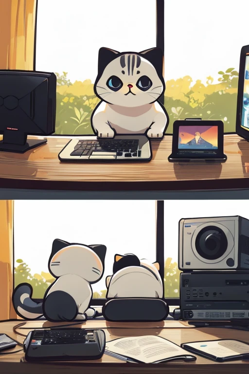 Three cats playing with computers in different rooms