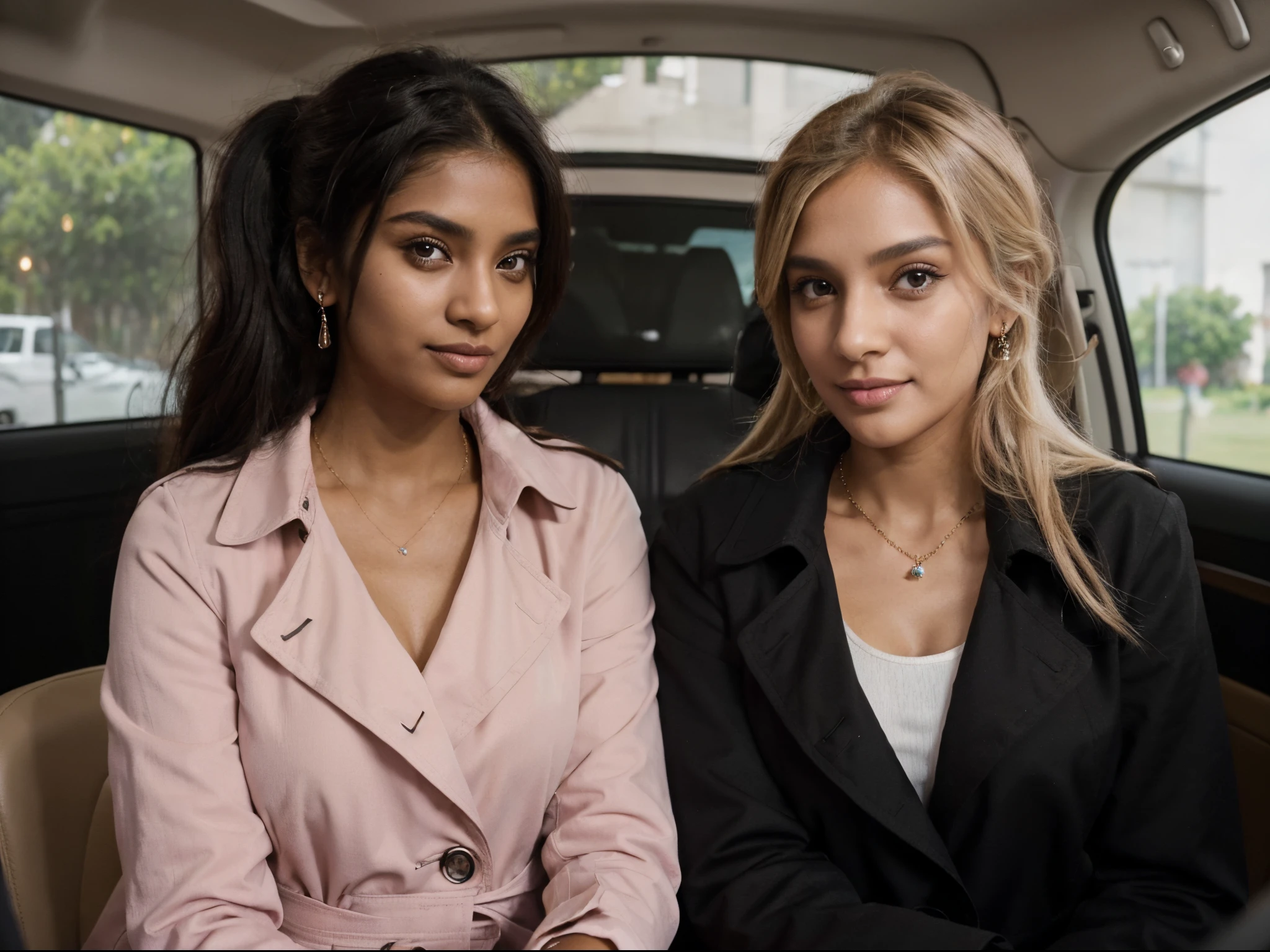 (Full size view:1.4), 22-year-old dark Sri Lankan woman named Kasuni and, her pure white Canadian mother blonde named Celestia, (Sitting in the rear seat, luxury car), smiling at camera, (detailed background) (( Celestia is a white Canadian blonde 48-year-old woman, aged look)), ((Kasuni is 22-year-old, solid black long ponytail hair, dark fair skin)), ultra-realistic photo, feminine features, (both have same facial components), ((Pink color winter trench Coats, jewelry))