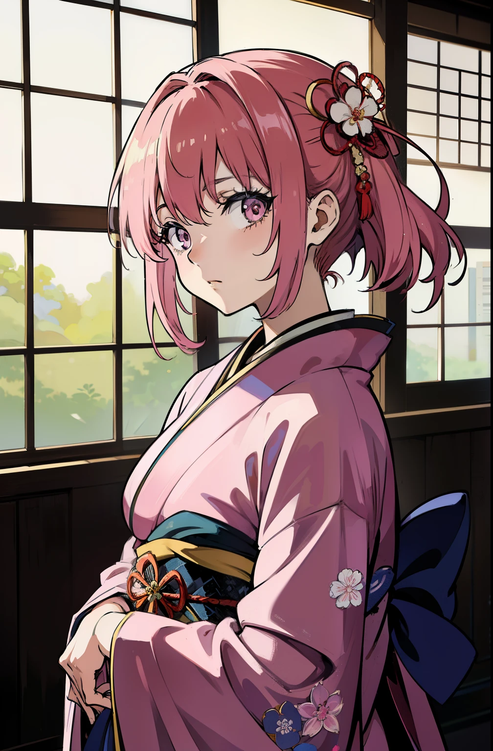 (masterpiece, flawless quality:1.2, anime style), kimono, mature, pink hair, sad, formal, tied up hair, hair accessories, japanese, large bust, indoors, looking at viewer, japanese architecture