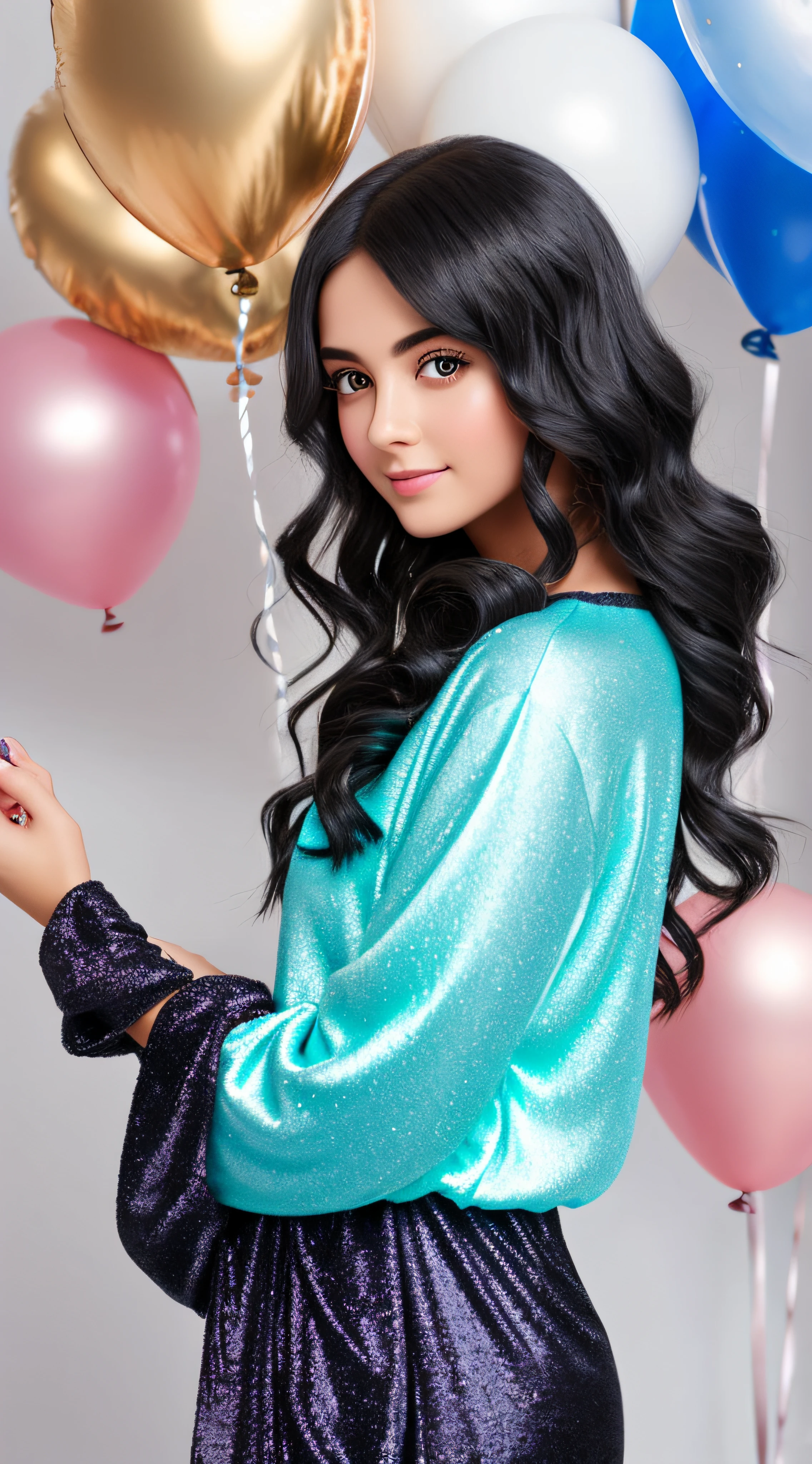 sparkling diamonds on a beautiful girl,realistic dark-haired girl is beautiful as a model,black  hair,the wind takes the girl away&#39;hairsh,in fluffy wool azure pajamas,and with balloons ,and a gradient liquid from turquoise to cream flows down them ,the liquid looks like jam,hiquality,HIGH DETAIL 32k