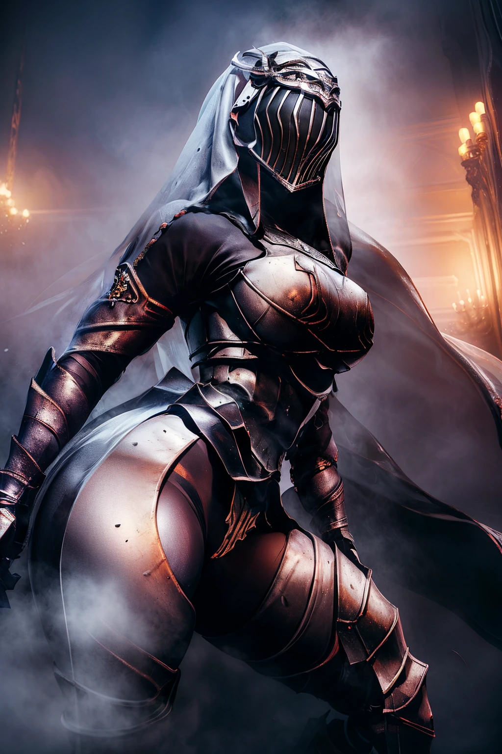 nsfw, 1girl, Solo, 8k, Top-quality, Masterpiece, Super high resolution, Realistic, Cinematic, fullbody viewer, helm, silver, knight, twin sword, pantyhose, blue veil, hair ornament, big boobs, Thick thighs, The ultimate beautiful lady knight, Sexy lady knight, snow