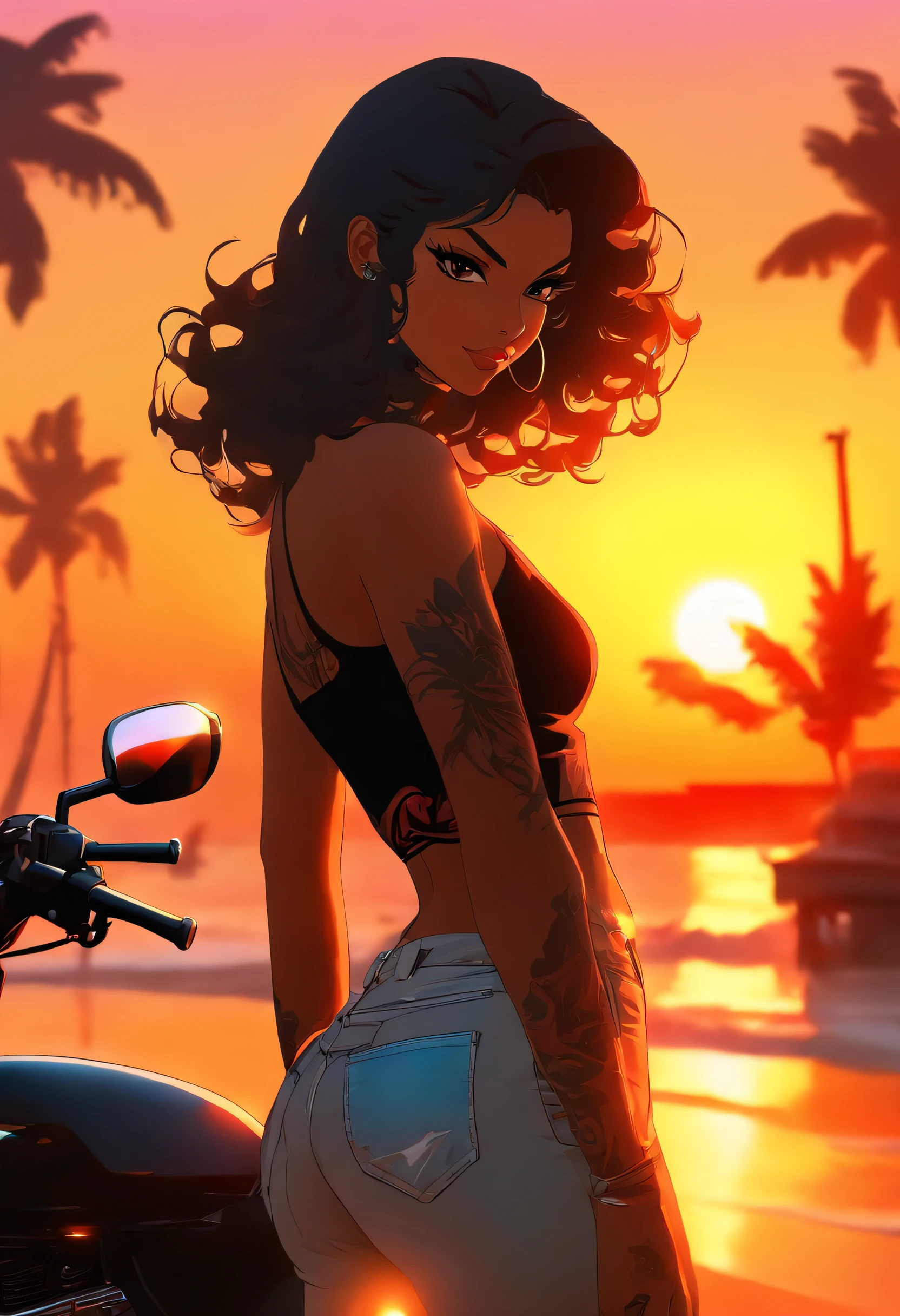 nffsw、AJC Style、masutepiece、best composition、Photorealsitic、A beautiful black-haired woman and a motorcycle parked on the beach bathed in the sunset