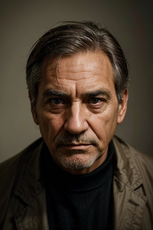 A detailed portrait of an intense older man with pronounced facial features, including visible wrinkles and a stern expression. He has a strong, commanding presence, with deep-set eyes and a gaze that directly engages the viewer. The man's hair is short, graying, and neatly groomed. His face should reflect an experienced and thoughtful character, hinting at a life full of stories. Each image should capture his unique aura, ensuring he is immediately recognizable in various settings or scenarios.