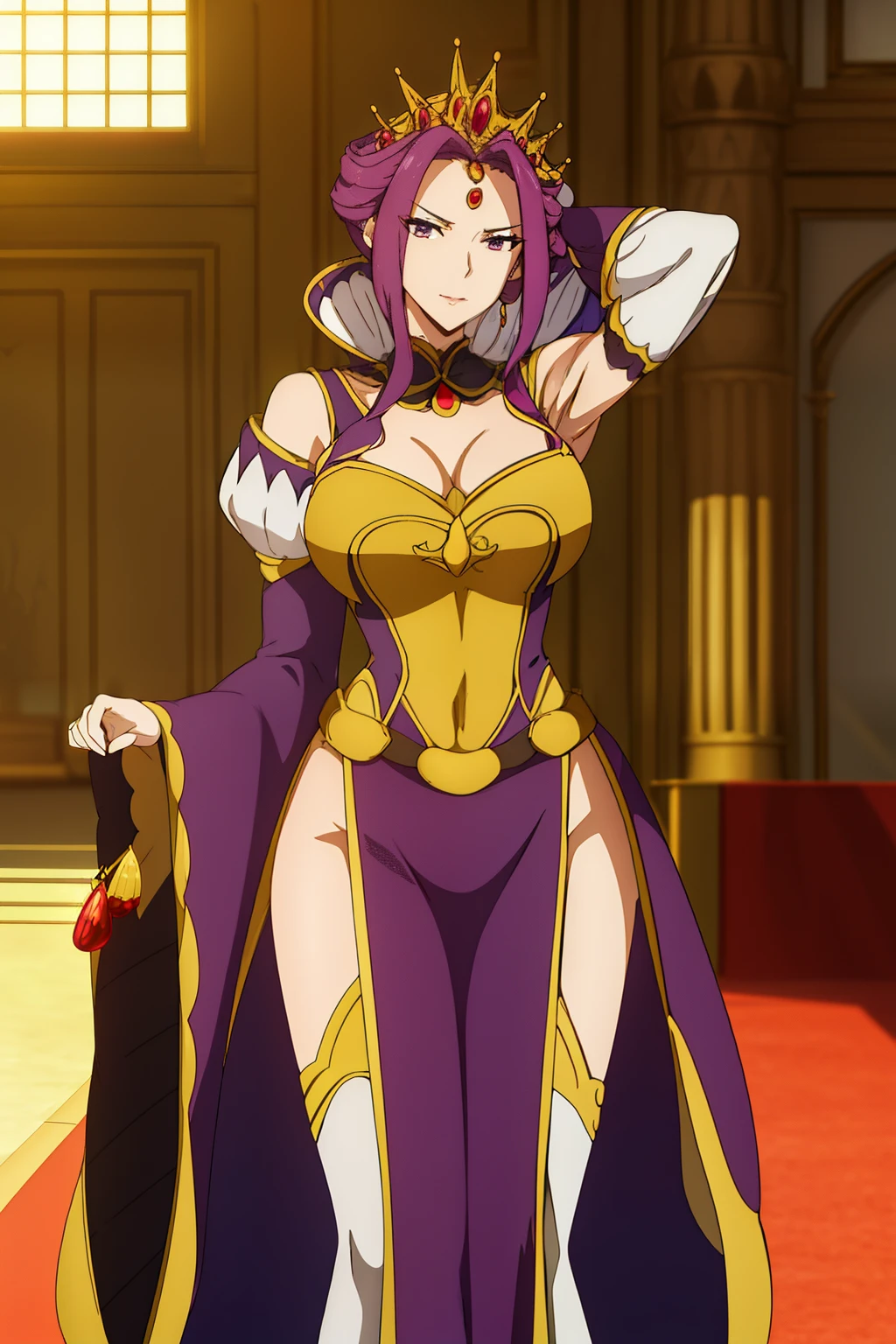 fullnude,Armpit show,(Sunset:1.2),in a castle, Great hall ,Red carpet on the floor, standing at attention, queen dress,Long sleeves,Gemstones and Golden Crown,鎖骨, Deep cleavage, Purple_hair, Purple_Eyes, Jewelry, earrings, 1 girl, 20yr old,infp young woman,Beautiful Finger,Beautiful long legs,Beautiful body, Beautiful nose,Beautiful character design, Perfect eyes, Perfect face,Expressive eyes, Looking at Viewer, In the center of the image,(上半身_Body),(Focus on her face), Official art,the Extremely Detailed CG Unity 8K Wallpapers, Perfect Lighting,Colorful, Bright_front_Face_Lighting,Shiny skin, (masutepiece:1.0),(best_quality:1.0), 超A high resolution,4K,Ultra-detailed, Photography, 8K, nffsw, hight resolution, absurderes:1.2, Kodak Portra 400, Film grain, Blurry background, Bokeh:1.2, Lens Flare, (Vibrant_Color:1.2) (Beautiful,breasts), (Beautiful_Face:1.5),(narrow_waist),