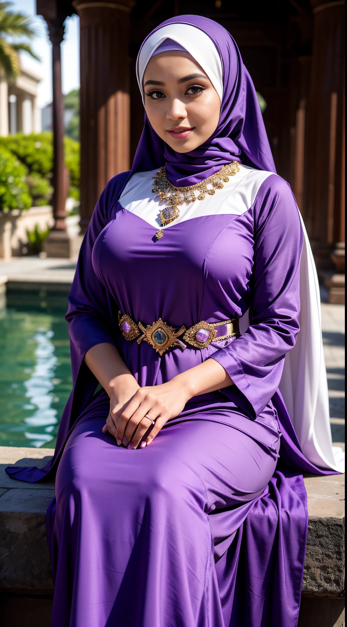 RAW, Best quality, high resolution, masterpiece: 1.3), beautiful Malay woman on hijau:0.8),((big breast)), beautifull face, perfect nose,perfect lips, perfect eyes, detail :1.2), woman in a purple hijab sitting on a stone ledge, beautiful malay woman, purple tunic, malay beauty, beautiful Indonesia woman, purple outfit, wearing beautiful clothes, modest flowing gown, hijab, draped in purple, malay princess, inspired by Osman , purple eyes and white dress, beautiful female