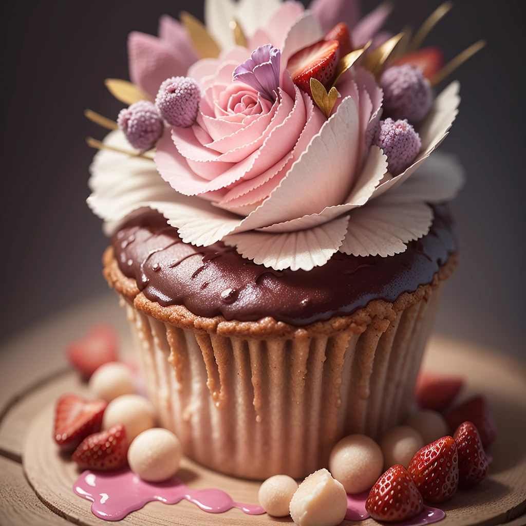 Delicious cupcake - pink strawberry cupcake, piled strawberries, berries, profusion of lilac blossoms, sugar orchid flowers, blooms, sugar crystals, creamy, sweet, indulgent, tasty, whipped cream, pink icing, decadent, (masterpiece:1.1), (highest quality:1.1), (HDR:1.0), (ultra-detailed), cupcake, decorated, dripping pink drizzle, silver splashes, gold glimmer flakes, photograph, detailed, realistic, 8k uhd, high quality, RAW photo, professional color grading, soft shadows, no contrast, clean sharp focus, clear