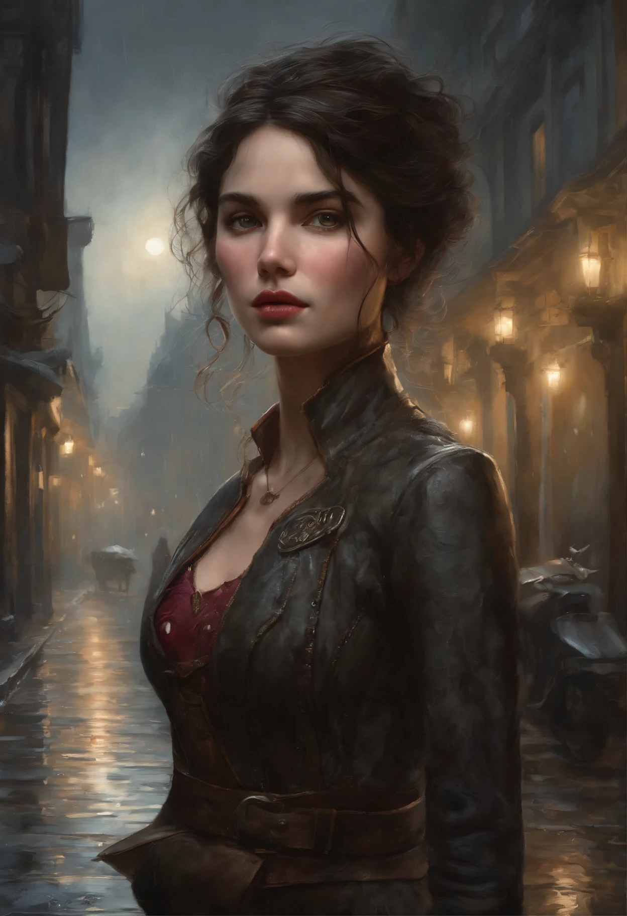 真实感, dark fantasy style, John Tolkien style, Small painting by Jean-Baptiste Monge, Soft facial features, Rocker Girl, Average height, plump dark pink lips, Engriberts eyebrows, brown eye, looking at away, shoulder length straight dark hair, medium length, hair blowing in wind, In a short dark leather tight dress with a neckline, predatory nature, standing next to a motorcycle, rain is dripping, The city, megalopolis, city trail, big house, glass skyscraper Jean-Baptiste Monge, anthropomorphic --ar 2:3 --testp -optimistic;