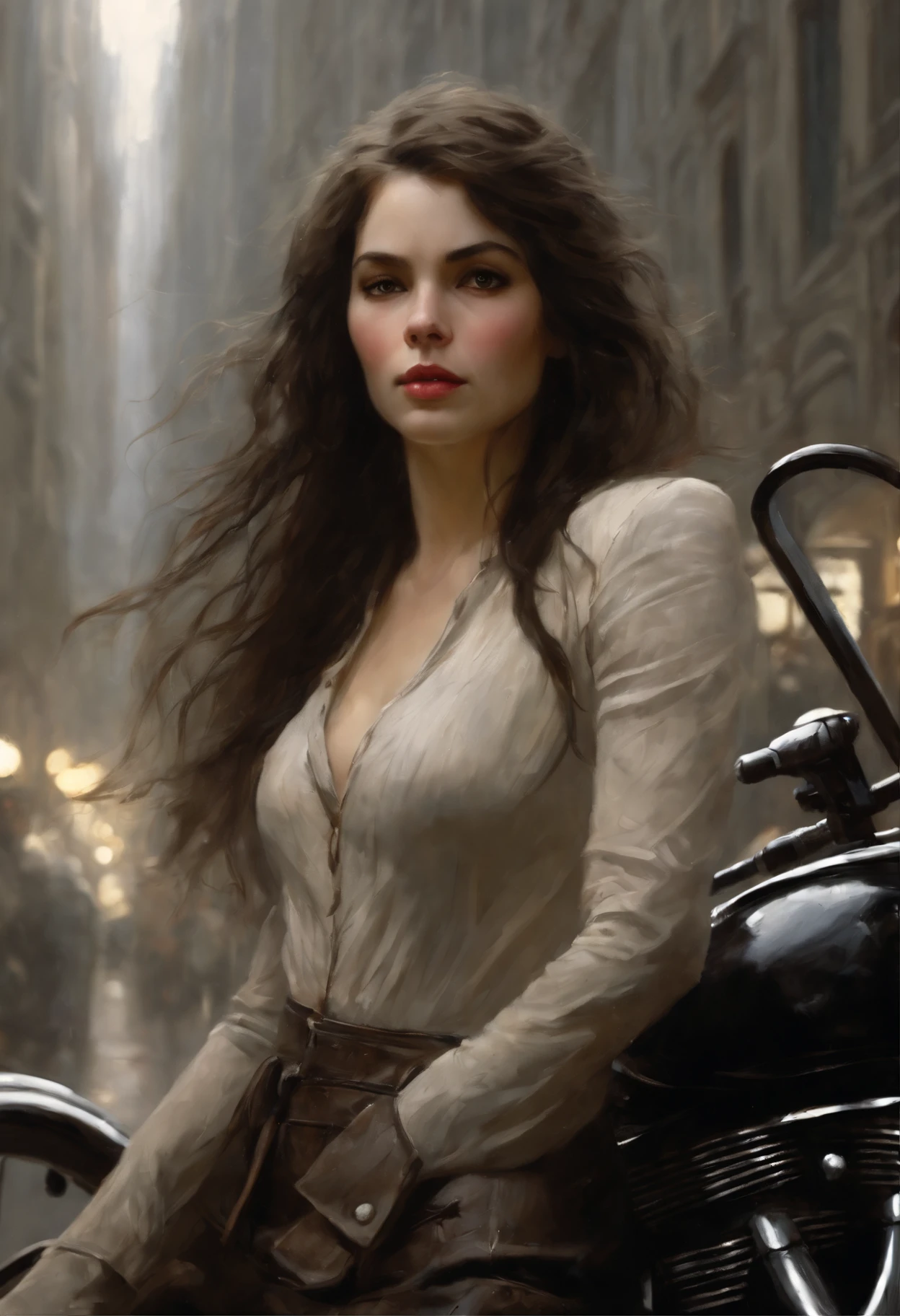 真实感, dark fantasy style, John Tolkien style, Small painting by Jean-Baptiste Monge, Soft facial features, Rocker Girl, Average height, plump dark pink lips, Engriberts eyebrows, brown eye, looking at away,  shoulder length straight dark hair, medium length, hair blowing in wind, In a short dark leather tight dress with a neckline, predatory nature, standing next to a motorcycle, rain is dripping, The city, megalopolis, city trail, big house, glass skyscraper Jean-Baptiste Monge, anthropomorphic --ar 2:3 --testp -optimistic;