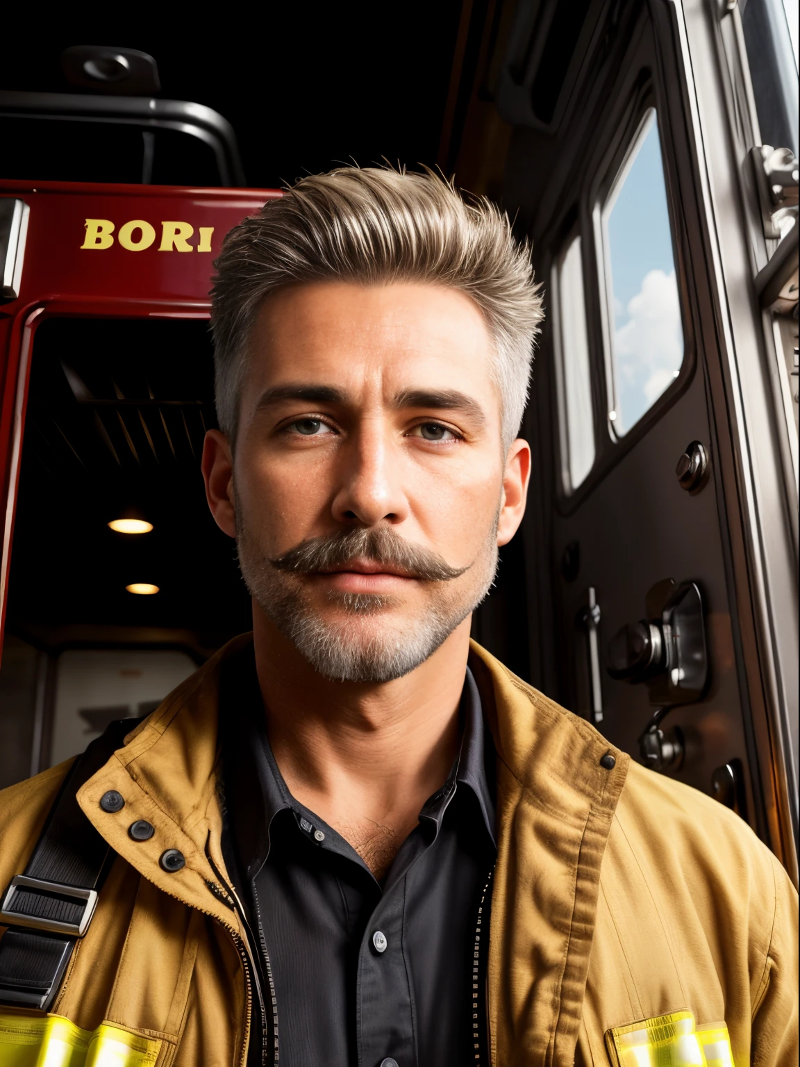 masterpiece, best quality, high resolution, closeup portrait, male focus, solo focus, A man, 50 years old, with firefighter uniform, firefighter suit, firefighter, bleached blonde silver hair, messy short hairstyle, cute and seductive face, bare chest, body hair, facial hair, facial hair unshaved, roman nose, very skinny body, hairy legs, dimples, medium beard, mustache, bold jawline , in the background a fire station,  view from below, amazing composition, front view, HDR, ultra quality, elegant, highly detailed