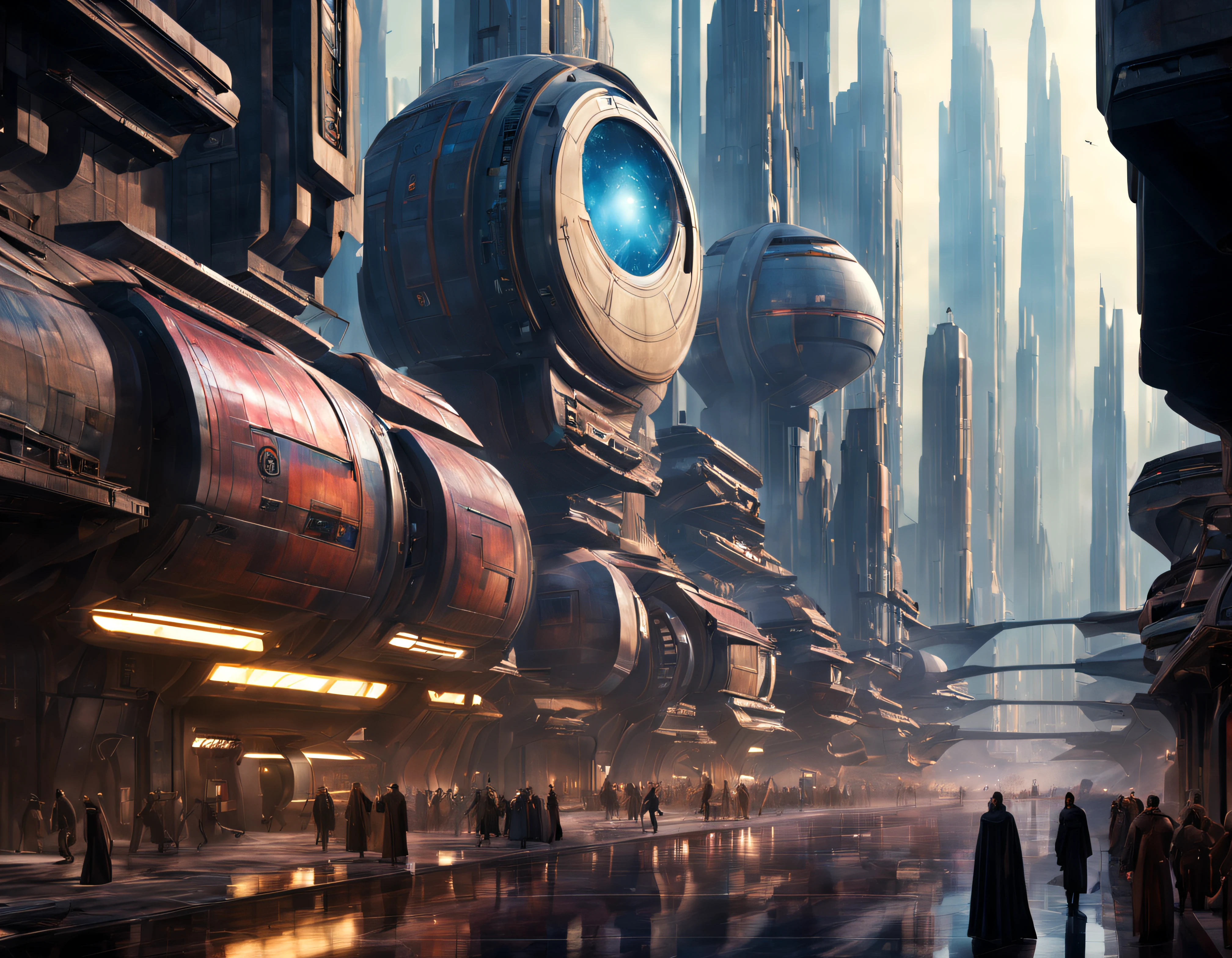 (The city of Coruscant from Star Wars as designed by Doug Chiang), futuristic fantasy city with immense buildings of technological design (que forman una avenida infinita), edificios compactor no difuminados con aspecto metalico, luces en ventanas en edificios, iluminacion diurna con sol, con estructuras acristaladas espectaculares, (con colores vivos). pavimento ensolado (sin brillo). gente paseando. imagen bien definida con muchos edificios juntos. imagen nitida bien definida 8k. los edificios llegan alta el fondo.,8k. imagen cinematografica