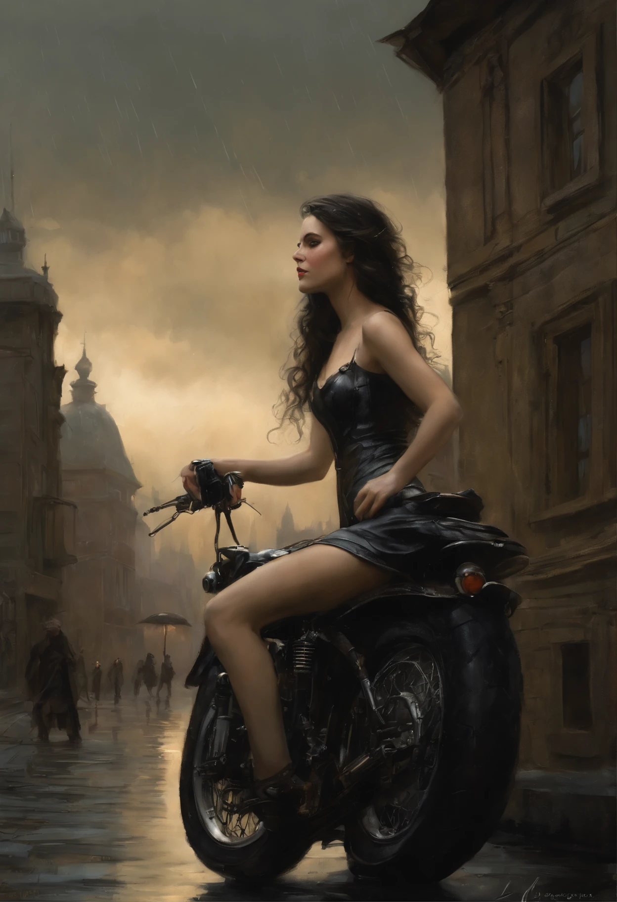 真实感, dark fantasy style, John Tolkien style, Small painting by Jean-Baptiste Monge, Soft facial features, Rocker Girl, Average height, plump dark pink lips, Engriberts eyebrows, brown eye, looking at away, straight dark hair to shoulder blades, hair blowing in wind, In a short dark leather fitted dress with a cutout., predatory nature, Standing next to a motorcycle, rain is dripping, The city, megalopolis, city trail, big house, glass skyscraper Jean-Baptiste Monge, anthropomorphic --ar 2:3 --testp -optimistic;