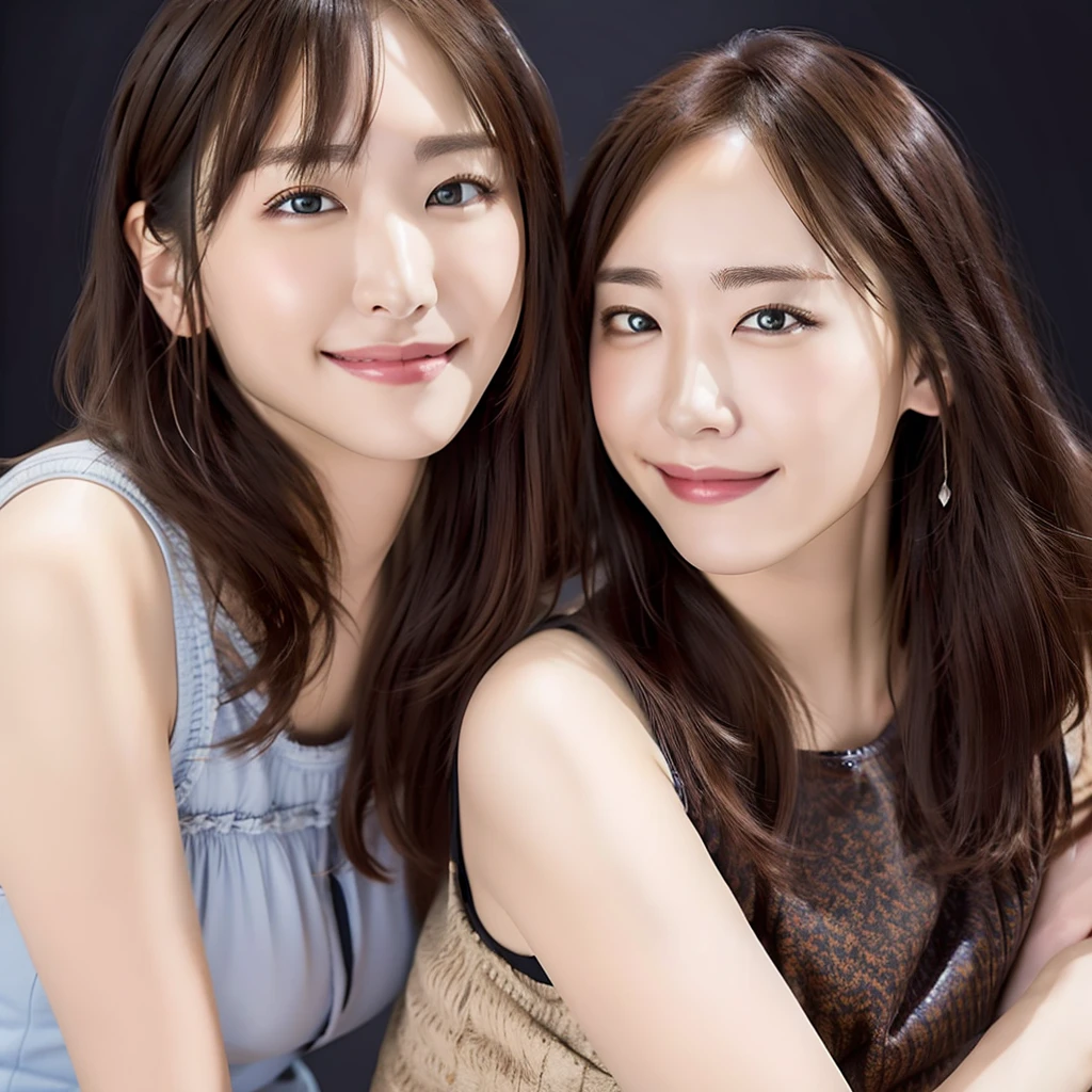 (8K、Raw photography、top-quality、​masterpiece:1.2)、(realisitic、Photorealsitic:1.37)、ultra-detailliert、超A high resolution、Identical twin sisters hugging each other、Same height、see the beholder、beautifull detailed face、undergarment、A smile、Constriction、(Slim waist) :1.3)、Delicate skin、Skin Texture、floated hair、profetional lighting、