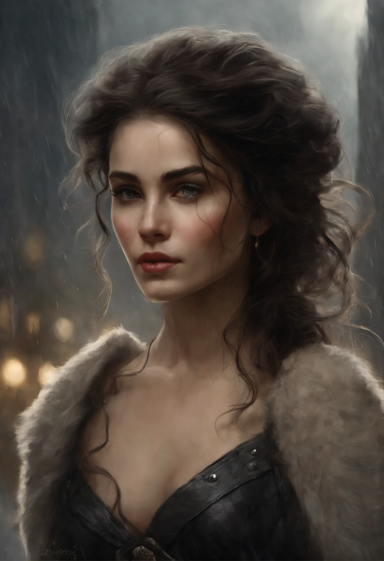 真实感, dark fantasy style, John Tolkien style, Small painting by Jean-Baptiste Monge, Soft facial features, Rocker Girl, Average height, plump dark pink lips, Engriberts eyebrows, brown eye, looking at away, straight dark hair to shoulder blades, hair blowing in wind, In a short dark leather fitted dress with a cutout., predatory nature, Standing next to a motorcycle, rain is dripping, The city, megalopolis, city trail, big house, glass skyscraper Jean-Baptiste Monge, anthropomorphic --ar 2:3 --testp -optimistic;
