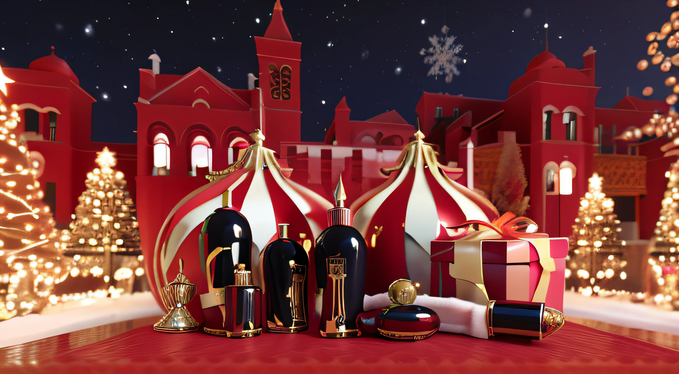 Arafis and Christmas decorations on red table, and a Christmas tree, detailed scene, perfume, by Julia Pishtar, 3D amazing details, by Sam Black, highly detailed scenario, 3D product rendering, Product renderings, 3 description, 3D rendering style, Serge Lutens, foreground background, hyper detailed scene, rituals, cubismo, Verism, hyper HD, retinas, tmasterpiece, acurate, Anatomically correct, ctextured skin, super detailing, high detal, high qulity, Award-Awarded, Best quality at best, A high resolution, 16k