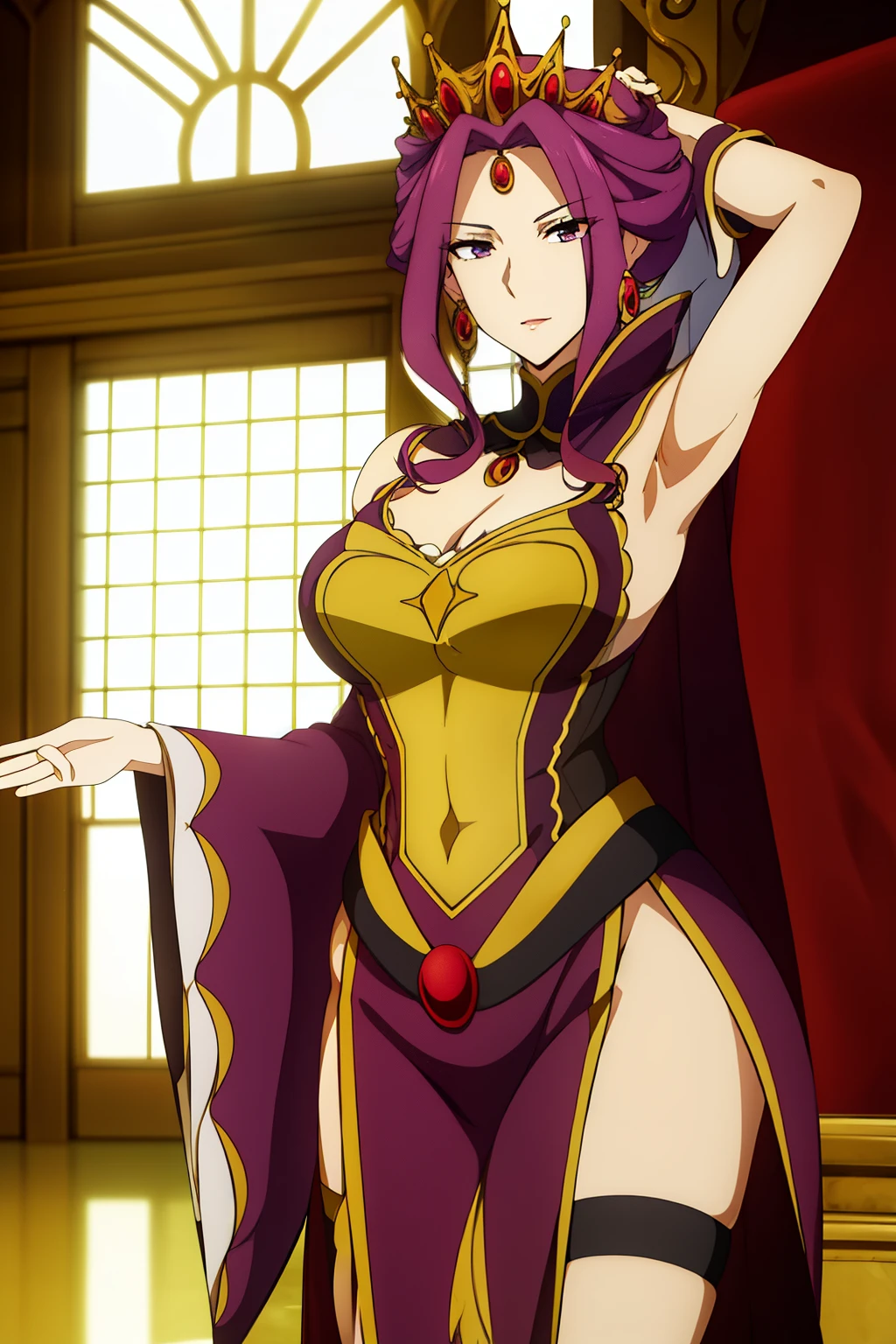 fullnude,Armpit show,(Sunset:1.2),in a castle, Great hall ,Red carpet on the floor, standing at attention, queen dress,Long sleeves,Gemstones and Golden Crown,鎖骨, Deep cleavage, Purple_hair, Purple_Eyes, Jewelry, earrings, 1 girl, 20yr old,infp young woman,Beautiful Finger,Beautiful long legs,Beautiful body, Beautiful nose,Beautiful character design, Perfect eyes, Perfect face,Expressive eyes, Looking at Viewer, In the center of the image,(上半身_Body),(Focus on her face), Official art,the Extremely Detailed CG Unity 8K Wallpapers, Perfect Lighting,Colorful, Bright_front_Face_Lighting,Shiny skin, (masutepiece:1.0),(best_quality:1.0), 超A high resolution,4K,Ultra-detailed, Photography, 8K, nffsw, hight resolution, absurderes:1.2, Kodak Portra 400, Film grain, Blurry background, Bokeh:1.2, Lens Flare, (Vibrant_Color:1.2) (Beautiful,breasts), (Beautiful_Face:1.5),(narrow_waist),