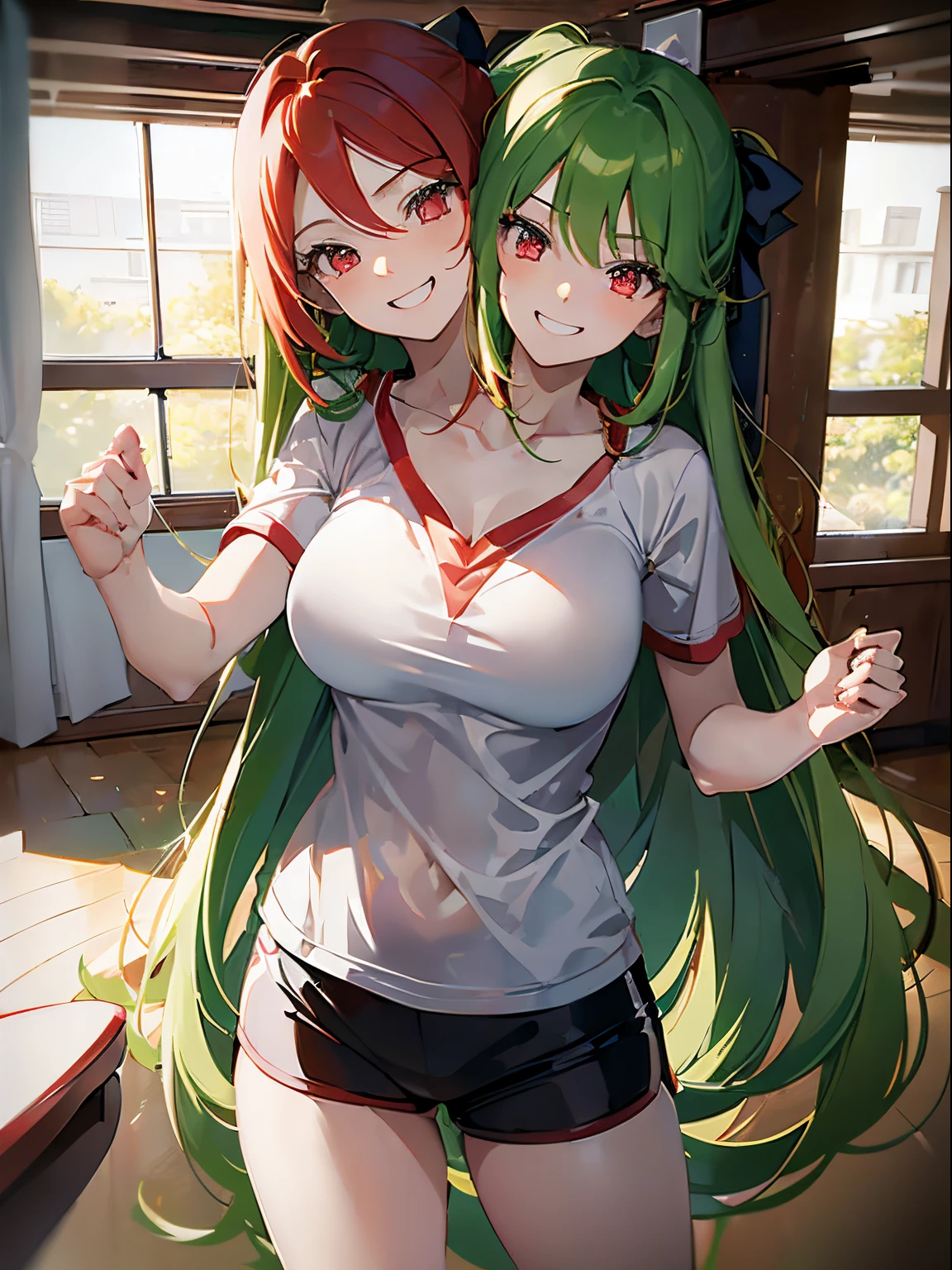 (masterpiece, best quality), best resolution, (2heads:1.5), 1girl, very long hair, red hair, green hair, different-coloured hair, red eyes, left head's mouth open, talking to the viewer, right head's mouth closed, smiling, holding a volleyball, white t-shirt, black short pants, indoor volleyball court
