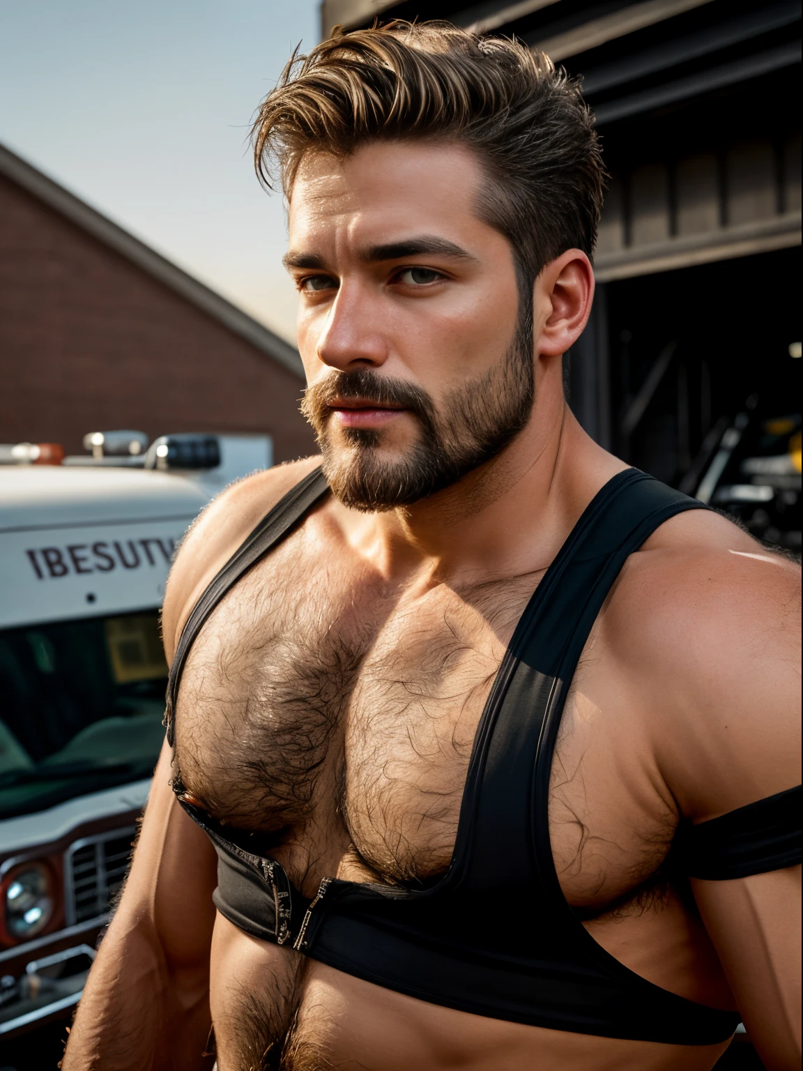 masterpiece, best quality, high resolution, closeup portrait, male focus, solo focus, A man, 45 years old, with firefighter uniform, firefighter suit, firefighter, bleached blonde hair, messy short hairstyle, cute and seductive face, bare chest, body hair, facial hair, facial hair unshaved, roman nose, very skinny body, hairy legs, dimples, beard, bold jawline , in the background a fire station, view from below, amazing composition, front view, HDR, ultra quality, elegant, highly detailed