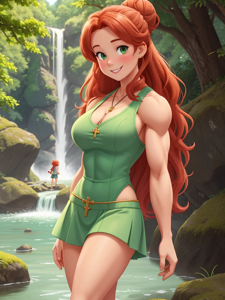 attractive welsh woman, ripped muscle, muscular body, pale skin, smile(blush), chemise, cross pendant, sixpack abs, [ultra detailed skin:1.2], ginger hair, green eyes, hair bun, 8k uhd, full body, crowd, public, forest, waterfall, standing,