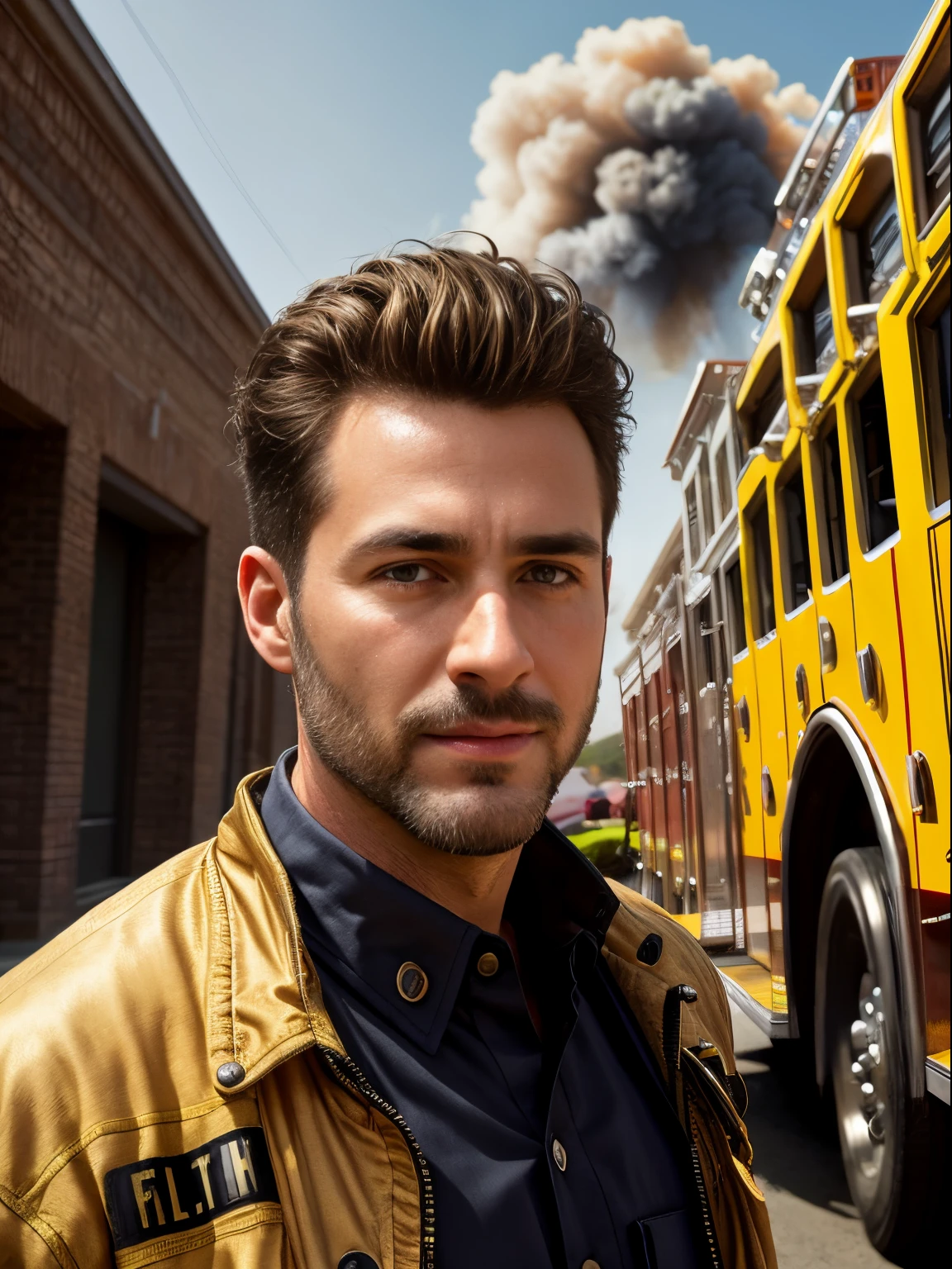 masterpiece, best quality, high resolution, closeup portrait, male focus, solo focus, A man, 40 years old, with firefighter uniform, firefighter suit, firefighter, bleached blonde hair, messy hairstyle, cute and seductive face, bare chest, body hair, facial hair, facial hair unshaved, roman nose, very skinny body, hairy legs, dimples, beard, bold jawline , in the background a fire station,  view from below, amazing composition, front view, HDR, ultra quality, elegant, highly detailed