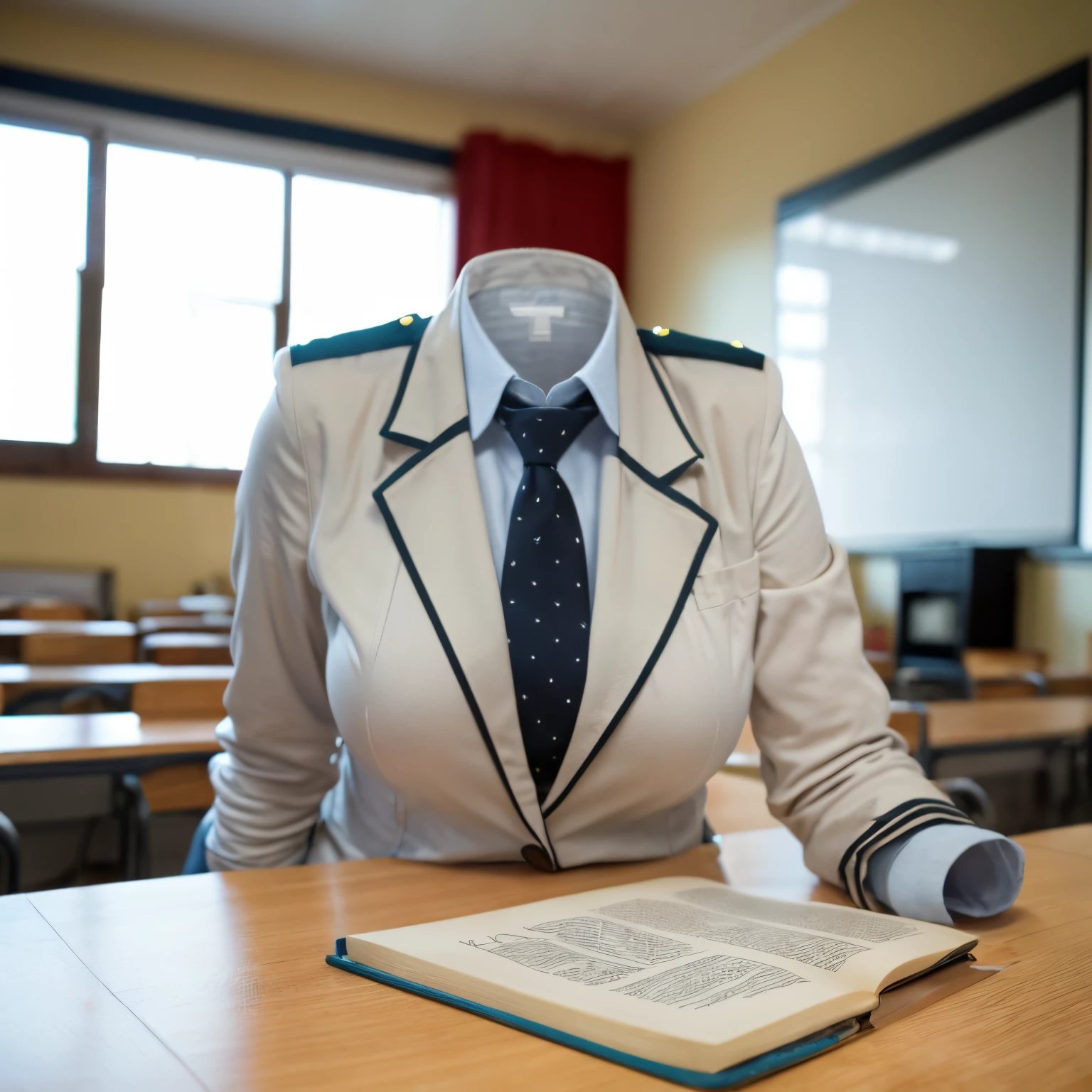 chubby, fat, white shirt, blazer, blue stripe tie, school tie, school uniform, classmates, studying on desk in classroom, classroom, cute pose, (invisible, no humans, headless, faceless:1.5), cute big breasts, (close-up shot of breasts), (8k, RAW photo, best quality, masterpiece:1.2), (realistic, photo-realistic:1.37), photon mapping, radiosity, ((Hasselblad photography)), physically-based rendering