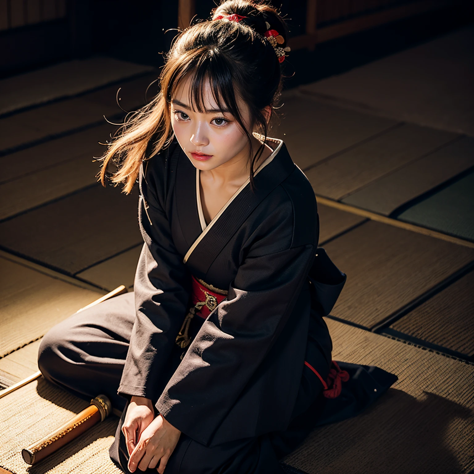 Samurai girl in Japan, Get down on one knee, In the Dark, spot light, Japanese Sword