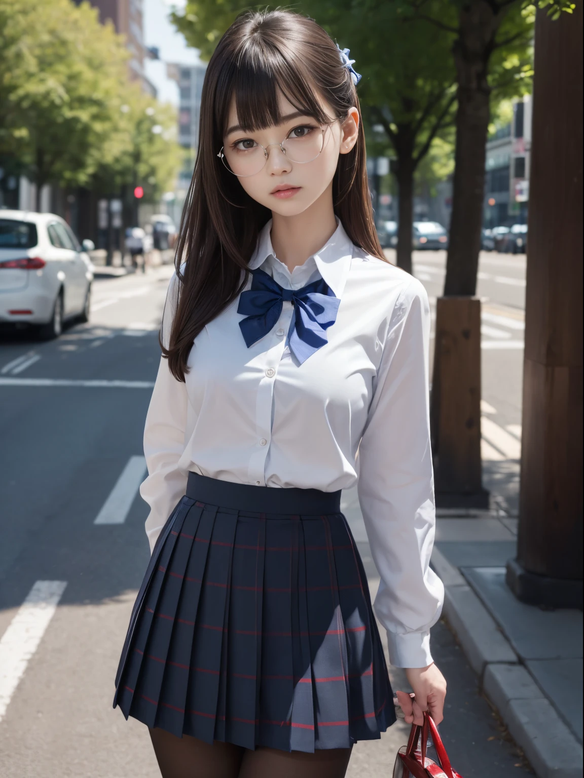 (I see underwear)、((Narrow-eyed))、((Narrow-eyed))、((Narrow-eyed))、(8K、Raw photography、top-quality、masterpiece:1.2),、Has a small、(flat breast)、(flat breast)、(flat breast)、(flat breast)、(flat breast)、(being thin)、light skinned、skin whitening、Dark look、Rasping,glamor,Chromo-white skin,cocky,School,watching at viewers,Looking at the front,Muchimuchi,High-pitched clothing,Erotic,Pupils,de pele branca,kne,((Black pantyhose)),absurderes,a small face,,Forehead visible,Bangs hanging from the left and right sides of the forehead,(a cold expression,Tight eyes,glares,Bullish,irate)、masterpiece,top-quality、超A high resolution,Raw photo,ren,Beautiful fece,One Person, 独奏,eye glass,,Dark look,Small breasts,fullllbody,Round glasses,JK school uniform,hi-school girl,A Japanese Lady, Standing,(Photorealsitic:1.37)、Photon mapping,Realistic、Beautie,Cute little face,Brown-eyed、Black socks、(Red bow tie)、Radio City、Physically Based Rendering、depth of field rally background、a picture,Body,beauty legs, Long legs, Thin leg,(Bangs are visible), hair, s lips, Blue_The eye, nosesoft,(Light blue shirt), (Navy and blue and white plaid pleated skirt), Knees are visible,Sheer clothing,, Thigh, Black cotton socks,Nogizaka Idol, , Japanese ido
