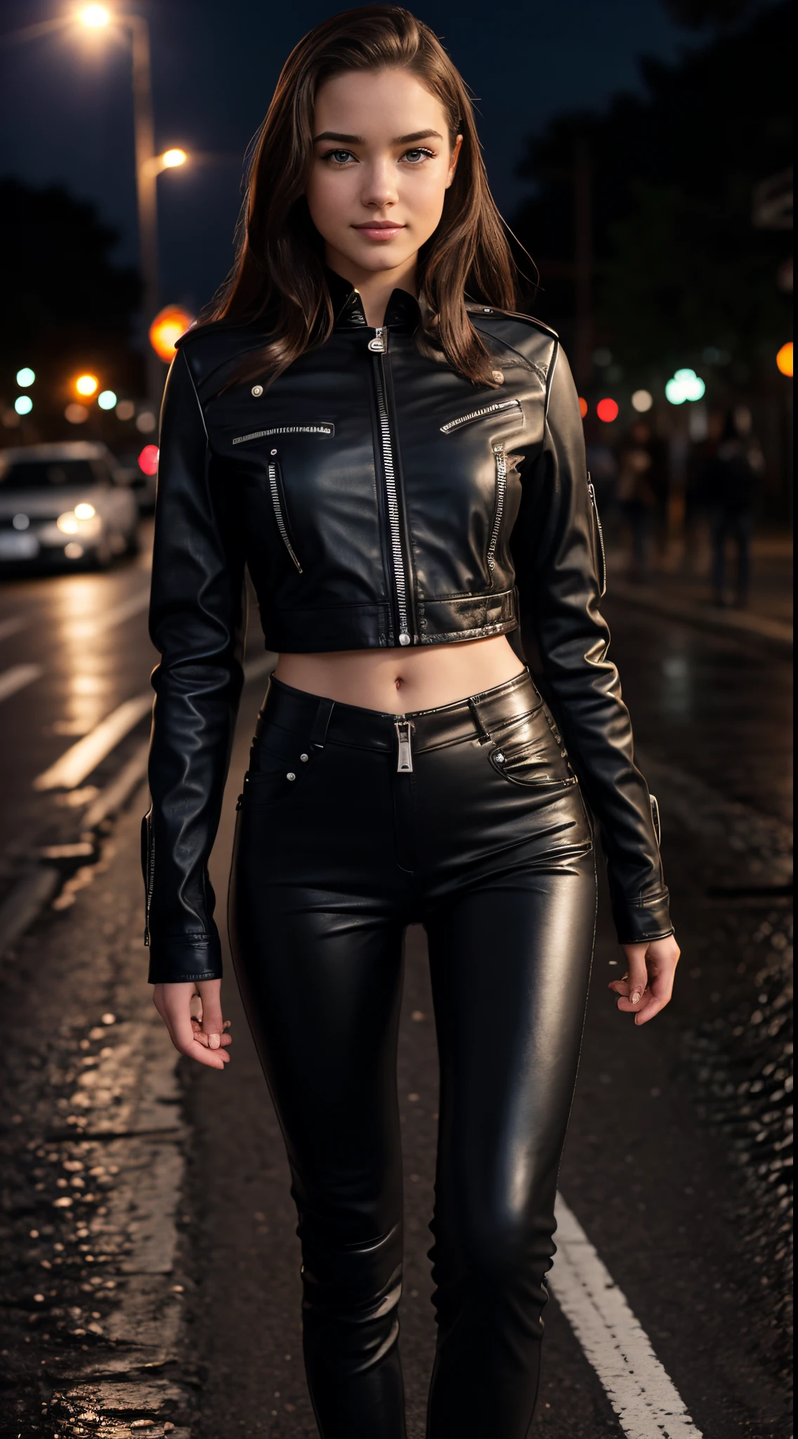 Foto hiperrealista en primer plano de Willa Fitzgerald, masterpiece, best quality, (photorealistic:1.4), ((black zippered-up biker jacket:1.1), (black leather pants:1.2) night street after rain, neons, cinematic light, beautiful woman, skinny, small breasts, straight brown hair, detailed face, smile, photo taken from a distance, age 20 tears old