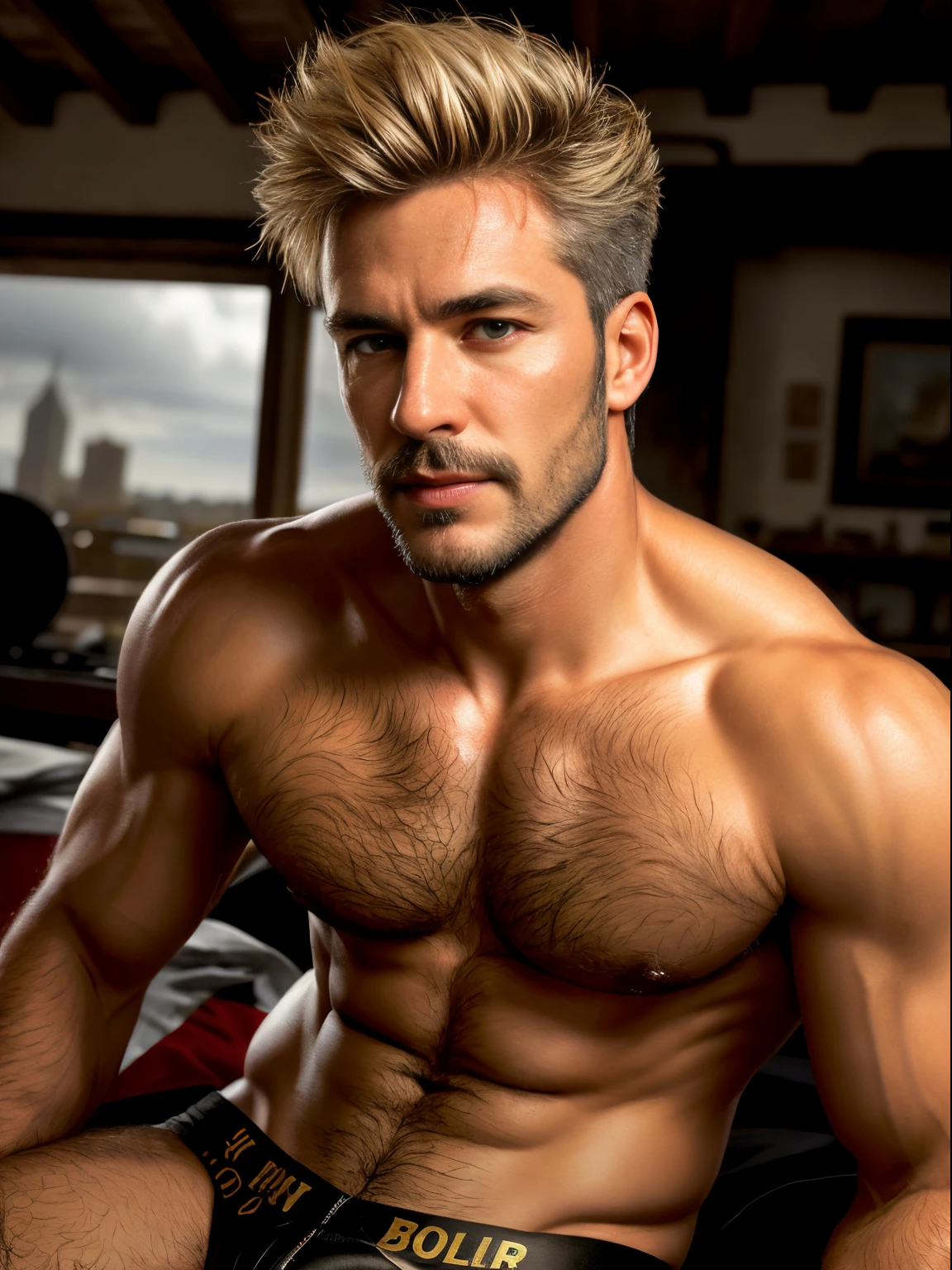 masterpiece, best quality, high resolution, closeup portrait, male focus, solo focus, A man, 50 years old, with firefighter uniform, firefighter, blonde bleached hair, messy hairstyle, cute and seductive face, bare chest, body hair, facial hair, roman nose, very skinny body, hairy legs, dimples, beard, bold jawline , in the background a fire statition,  view from below, amazing composition, front view, HDR, ultra quality, elegant, highly detailed